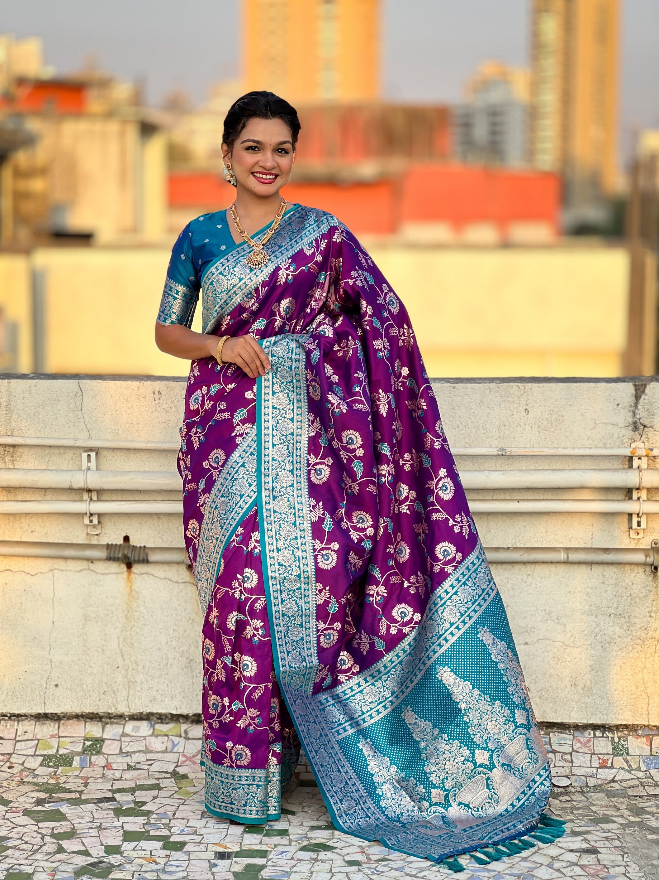 Voilet Banarasi Silk Weaving Meenakari Designer Heavy Looks Saree