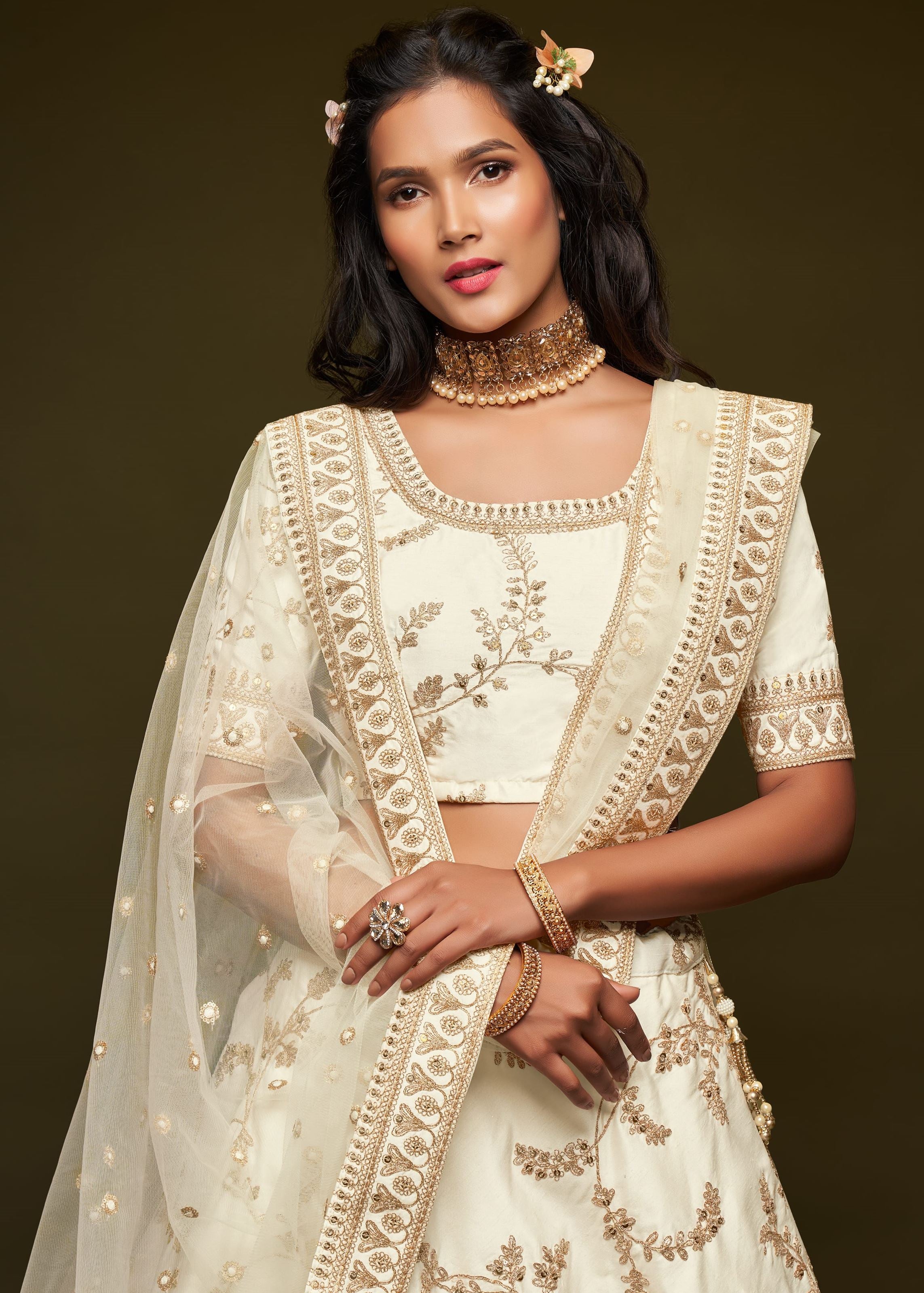 White Art Silk Lehenga Choli With Thread, Zari, Dori and Sequins Embroidery Work
