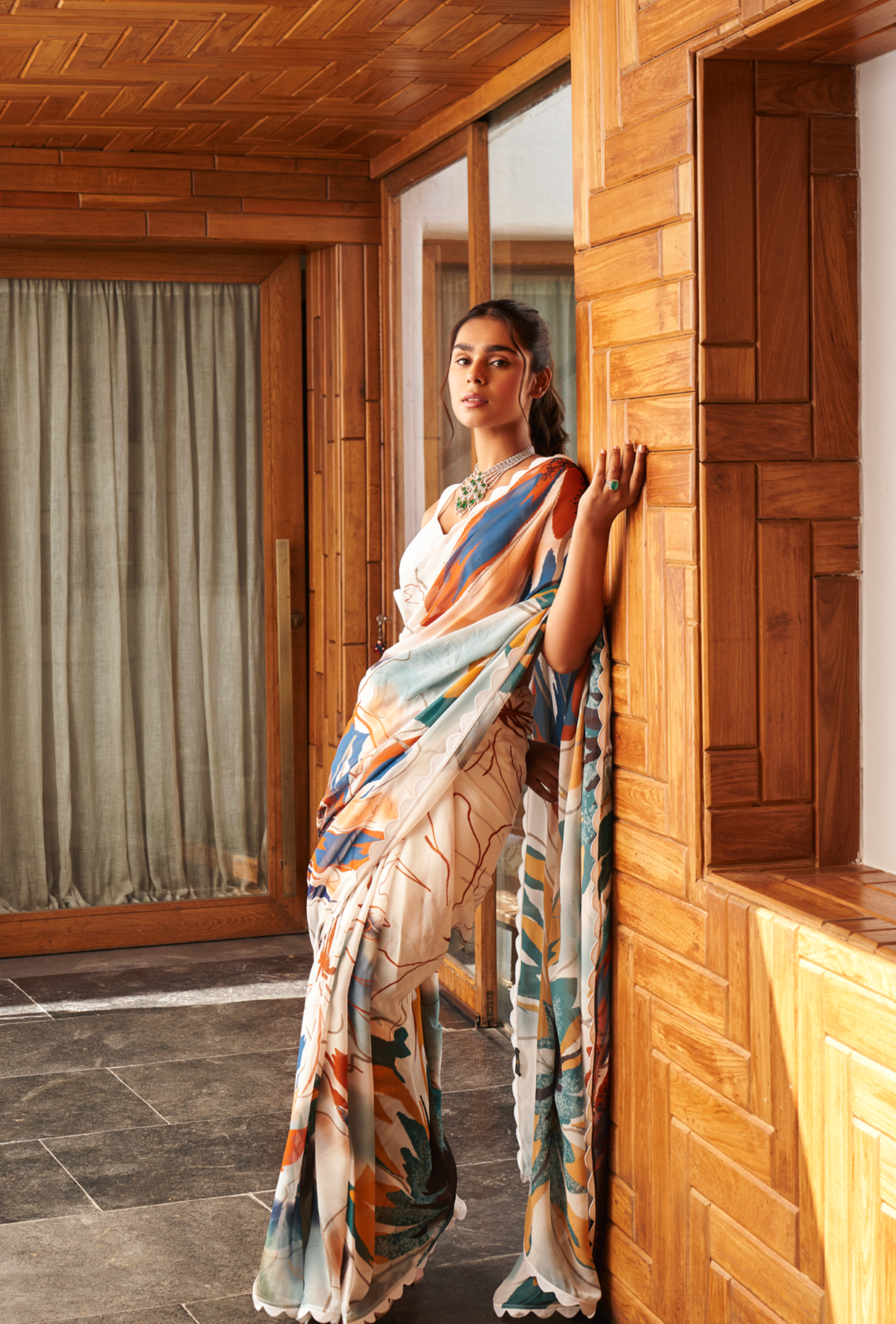 White Bright Moss Saree With Printed