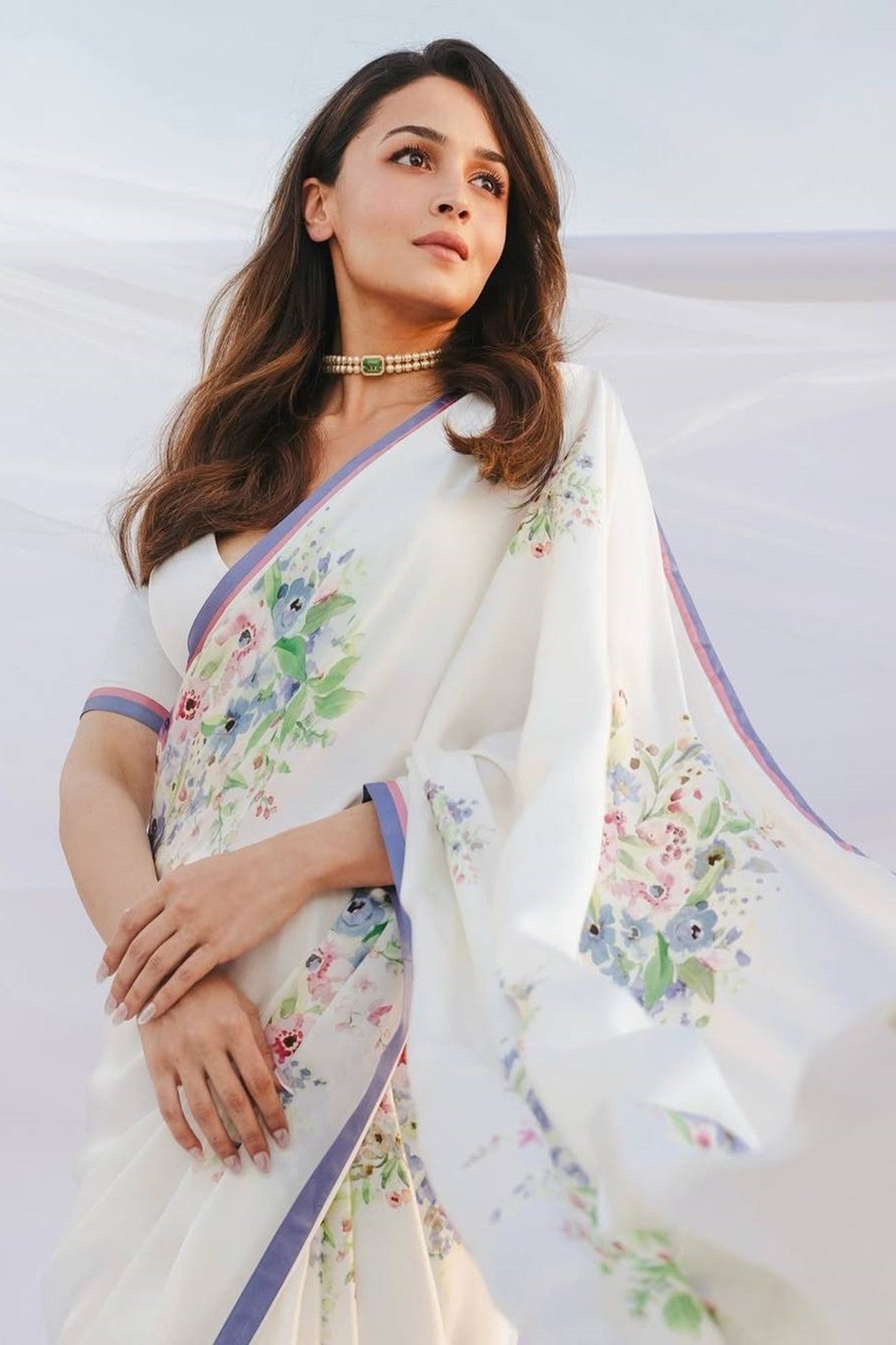 White Bright Moss Saree With Printed