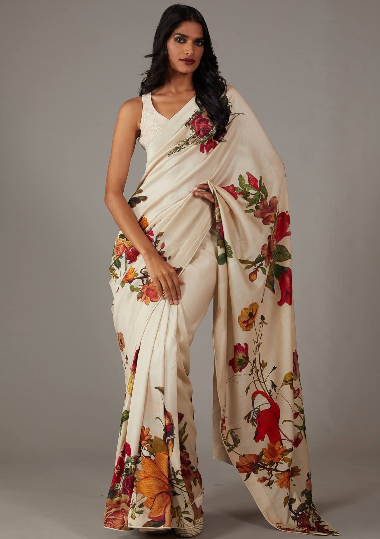 White Bright Moss Saree With Printed