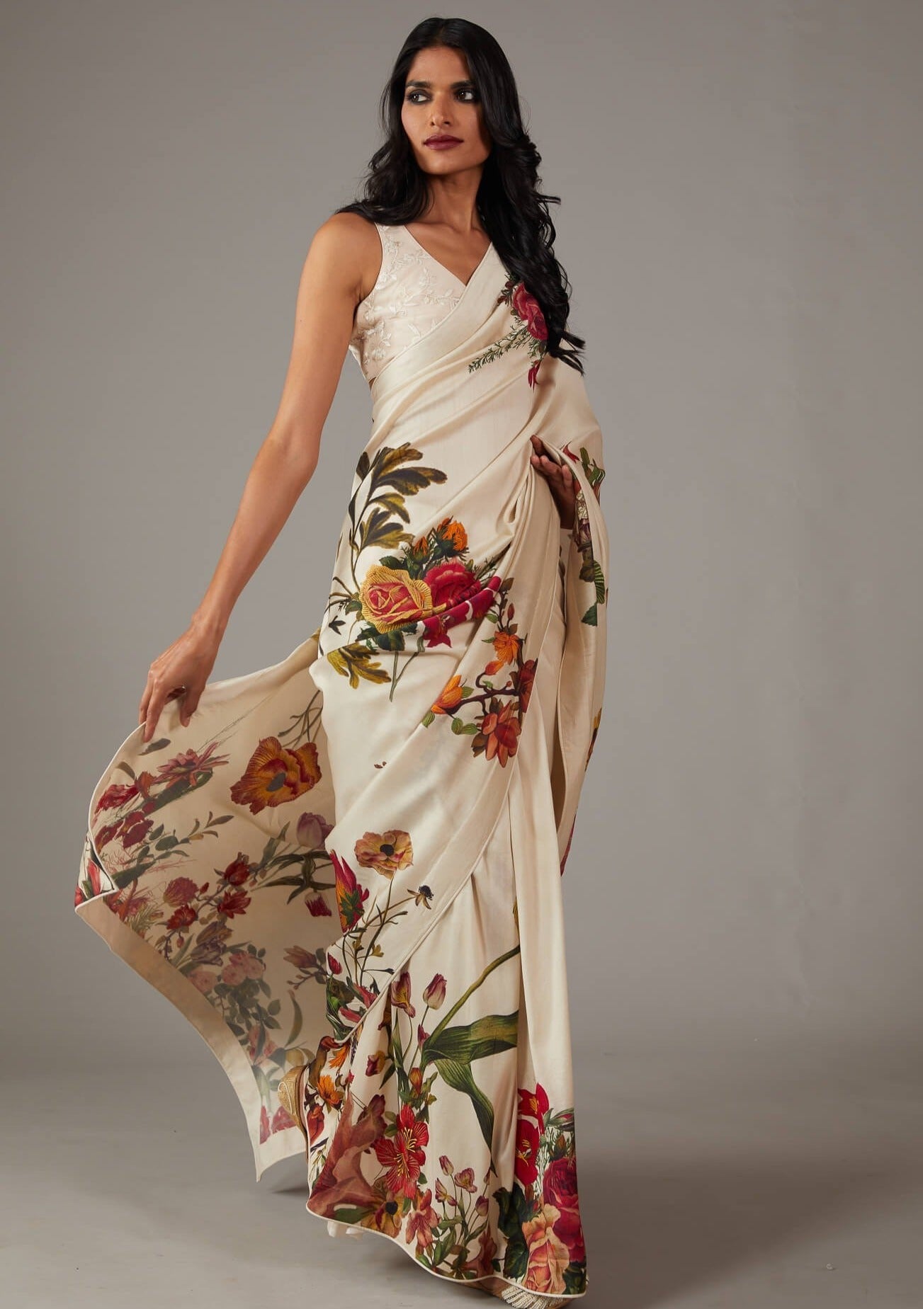 White Bright Moss Saree With Printed