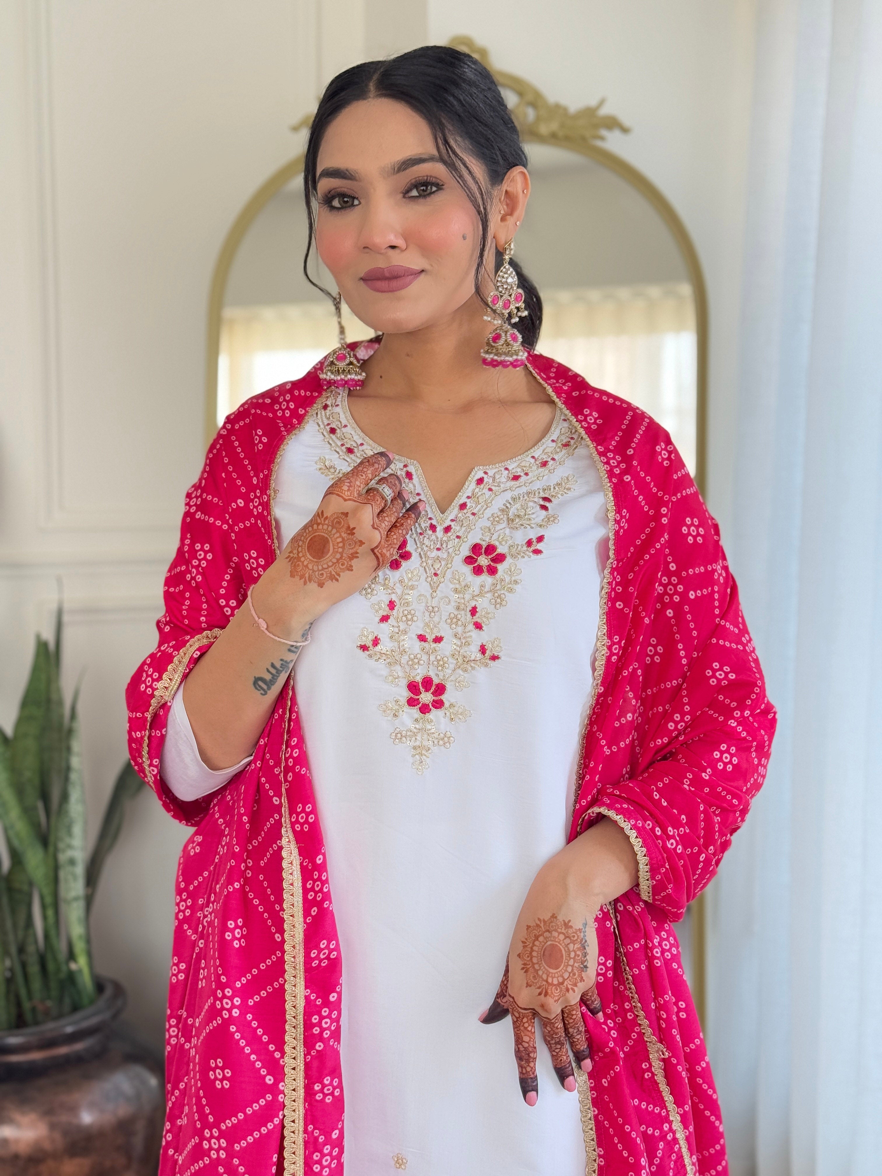 White Bsy Viscose Elegant Kurta Pant Set With Embroidery Work