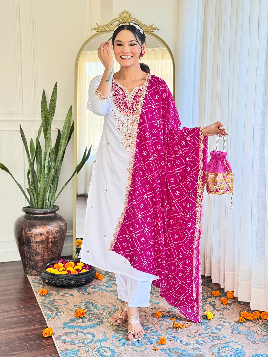 White Bsy Viscose Elegant Kurta Pant Set With Embroidery Work