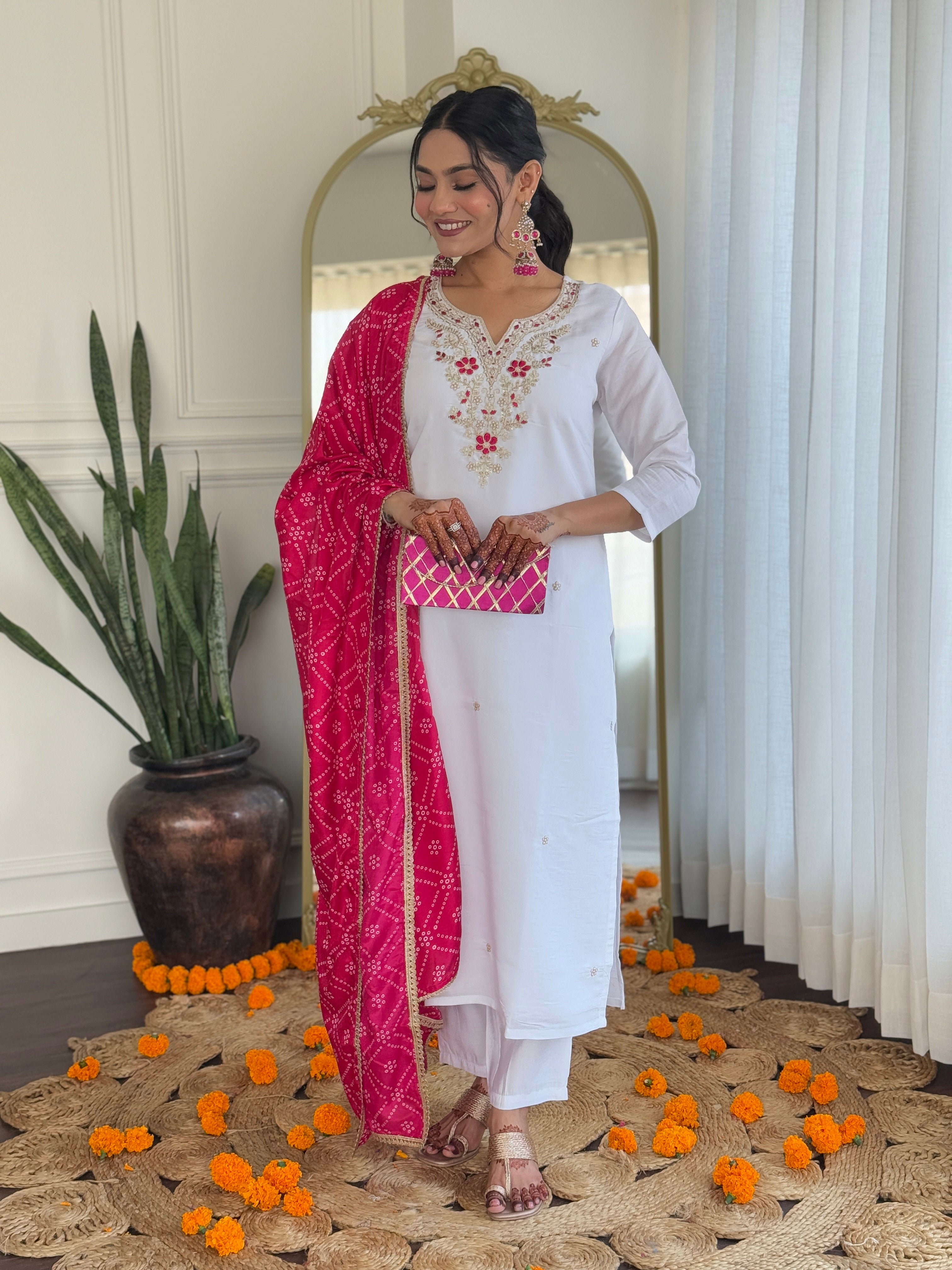 White Bsy Viscose Elegant Kurta Pant Set With Embroidery Work