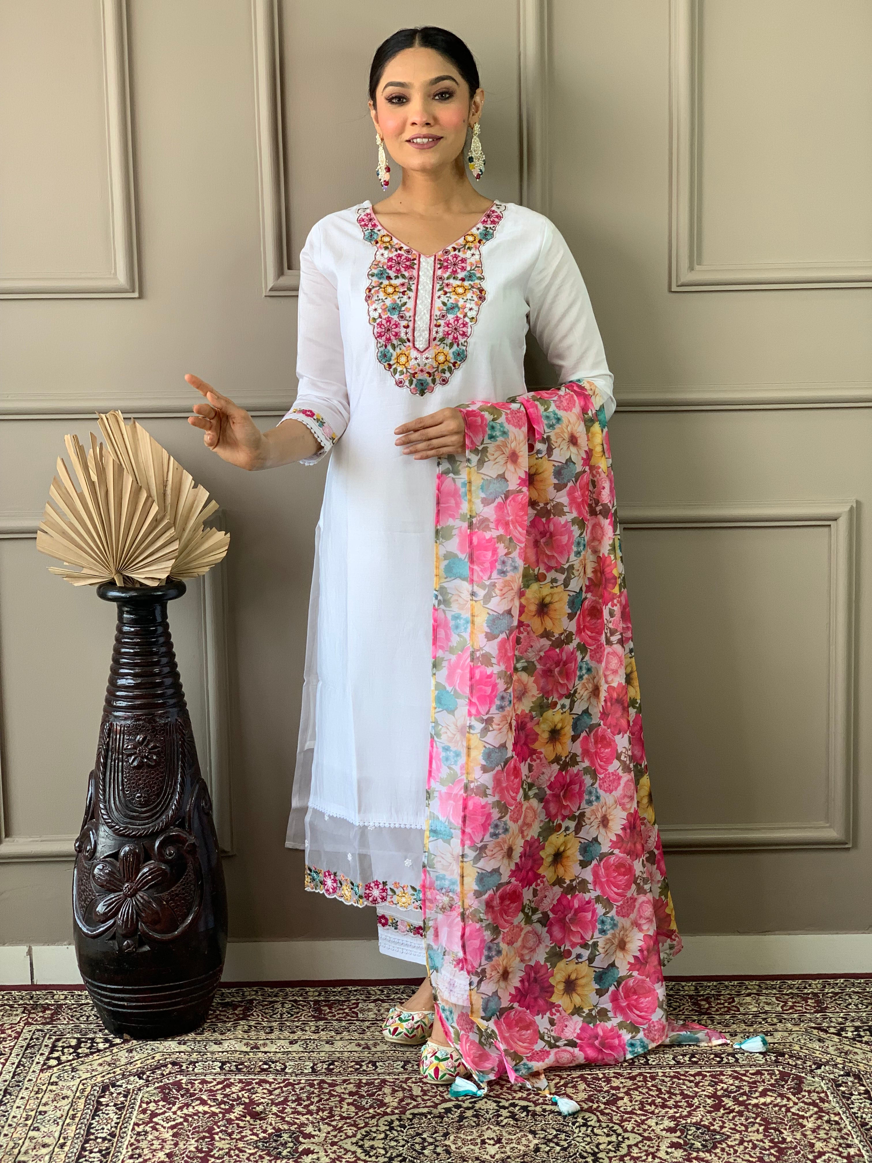 White Chanderi Elegant Kurta Pant Set With Thread Work