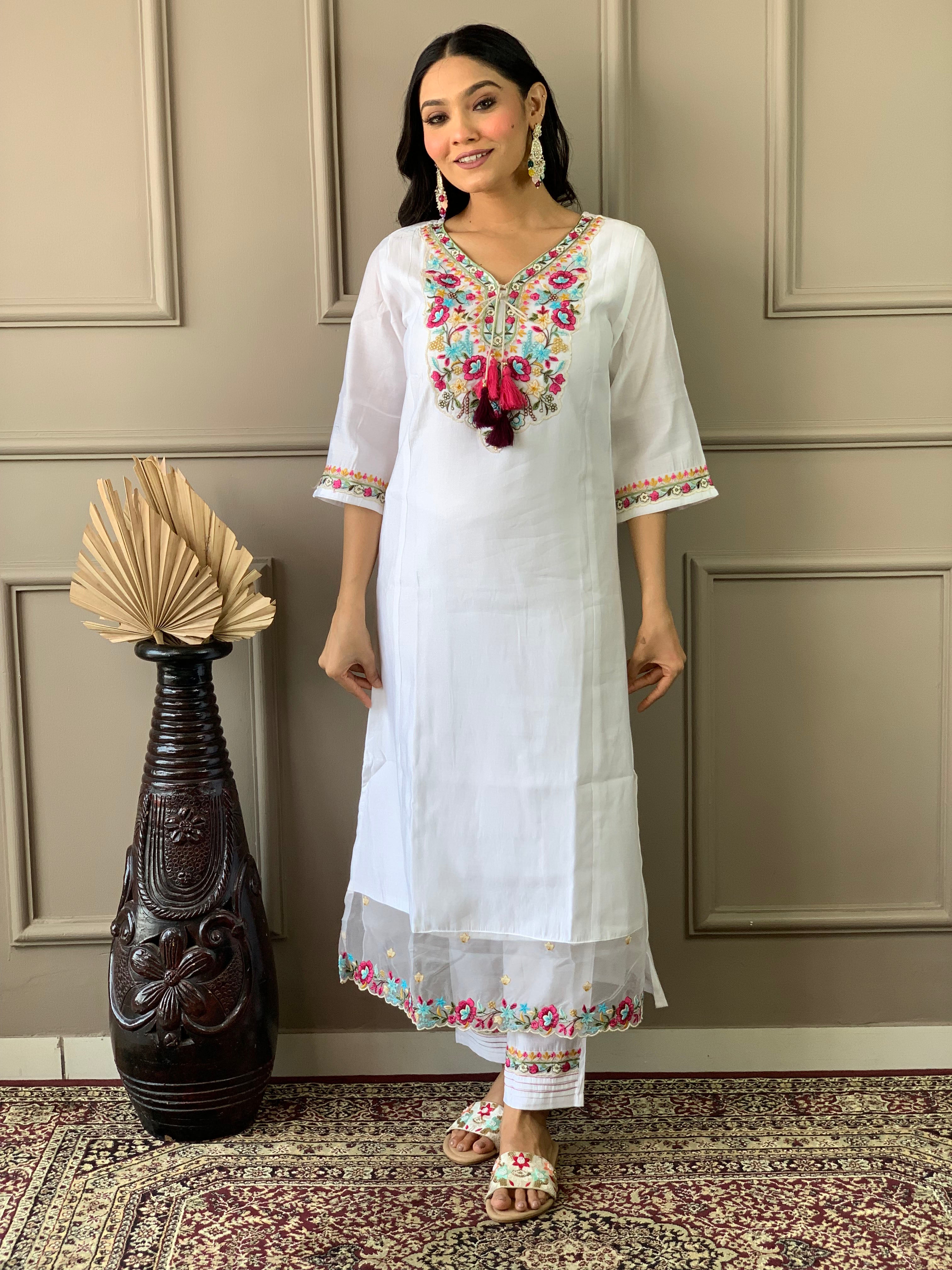 White Chanderi Silk Elegant Kurta Pant Set With Woven Work
