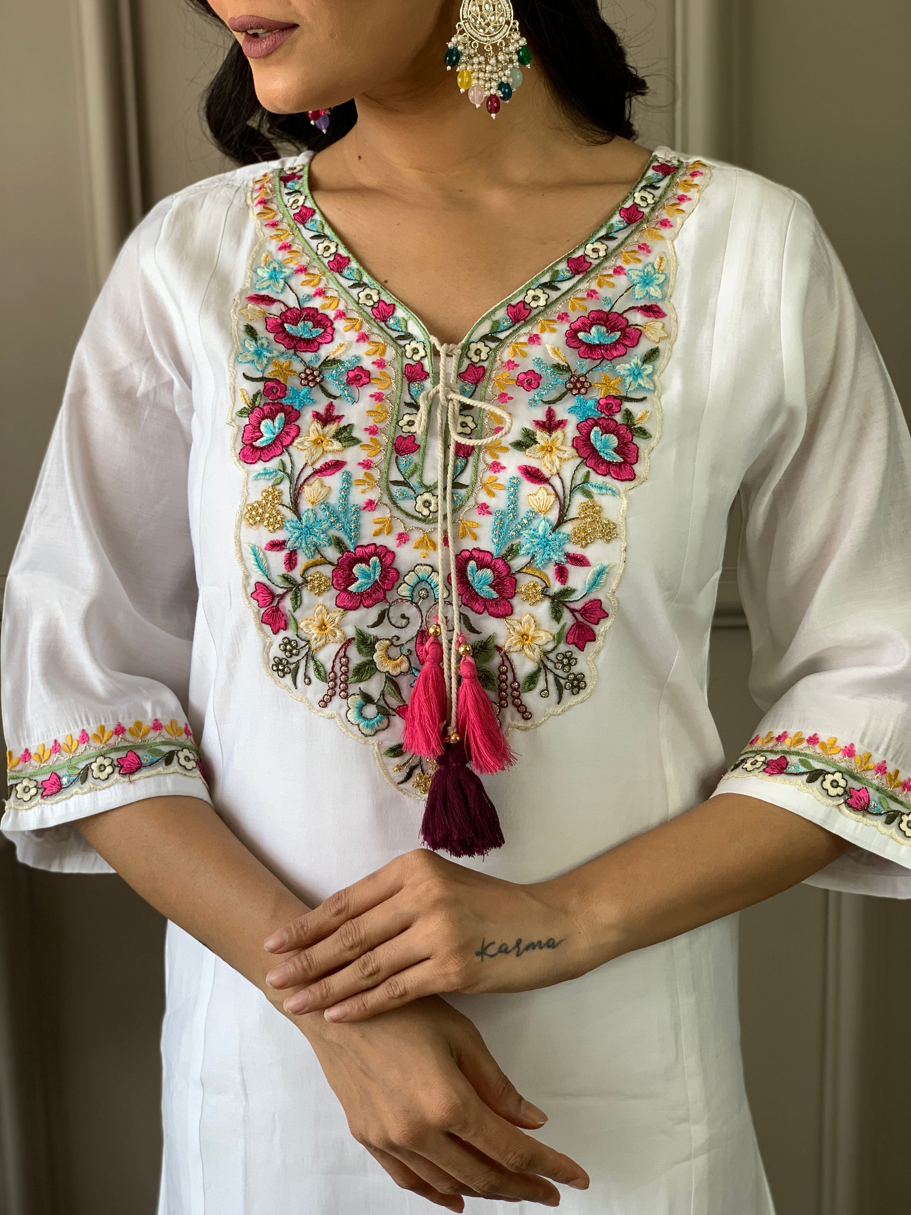 White Chanderi Silk Elegant Kurta Pant Set With Woven Work
