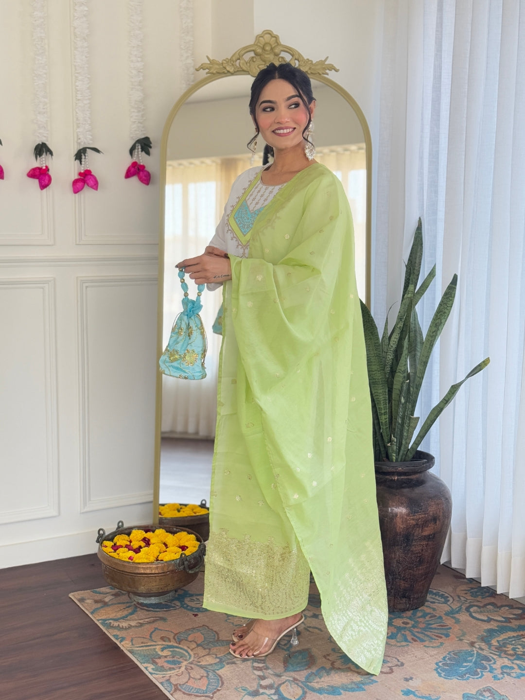 White Chanderi Viscose Elegant Kurta Pant Set With Embroidery Work