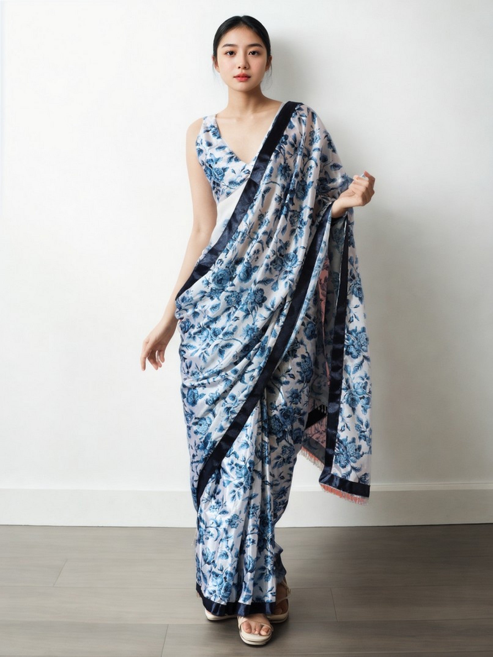 White Chinnon Partywear Printed Girlie Ready To Wear Saree