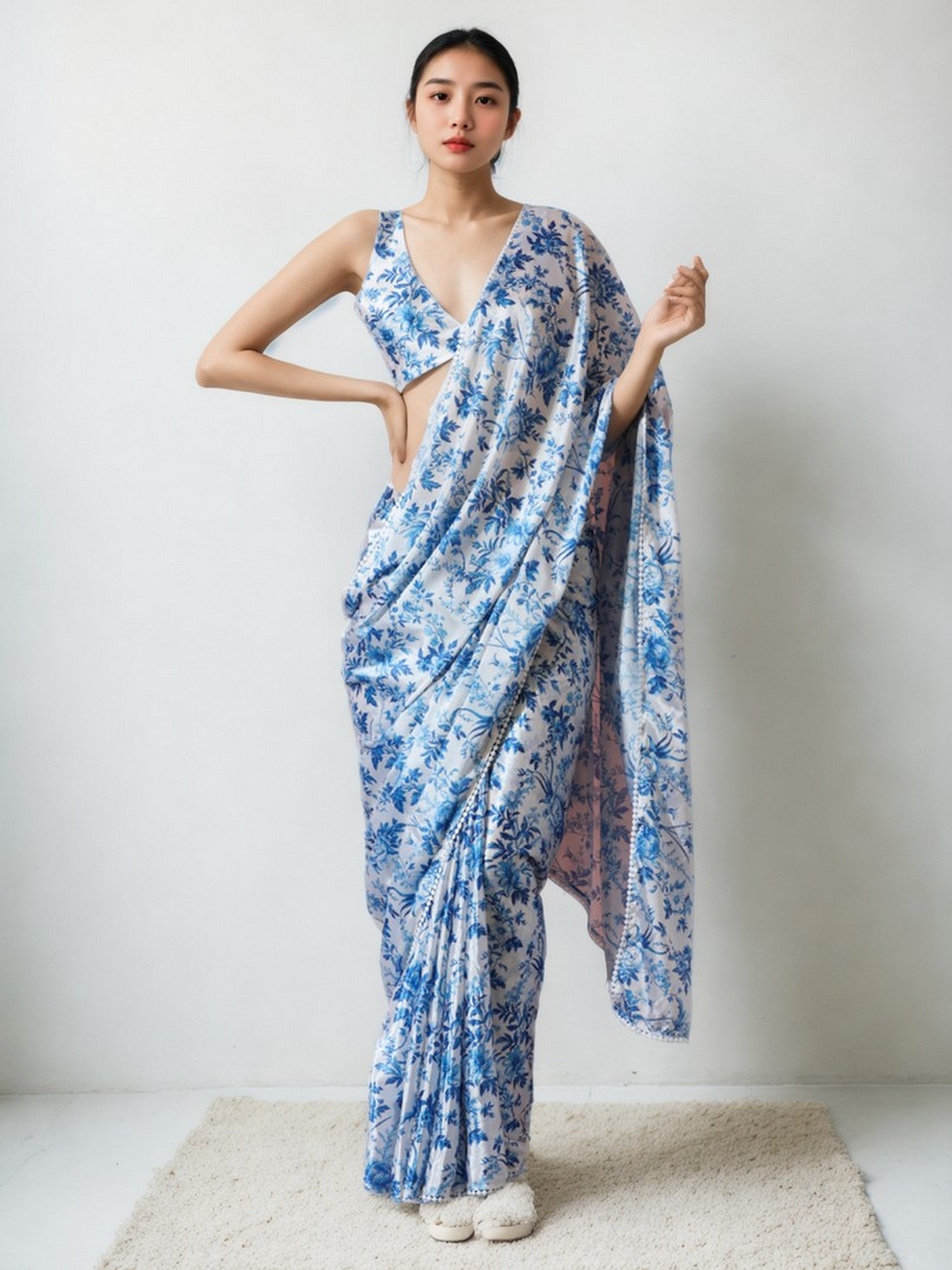 White Chinnon Partywear Printed Girlie Ready To Wear Saree