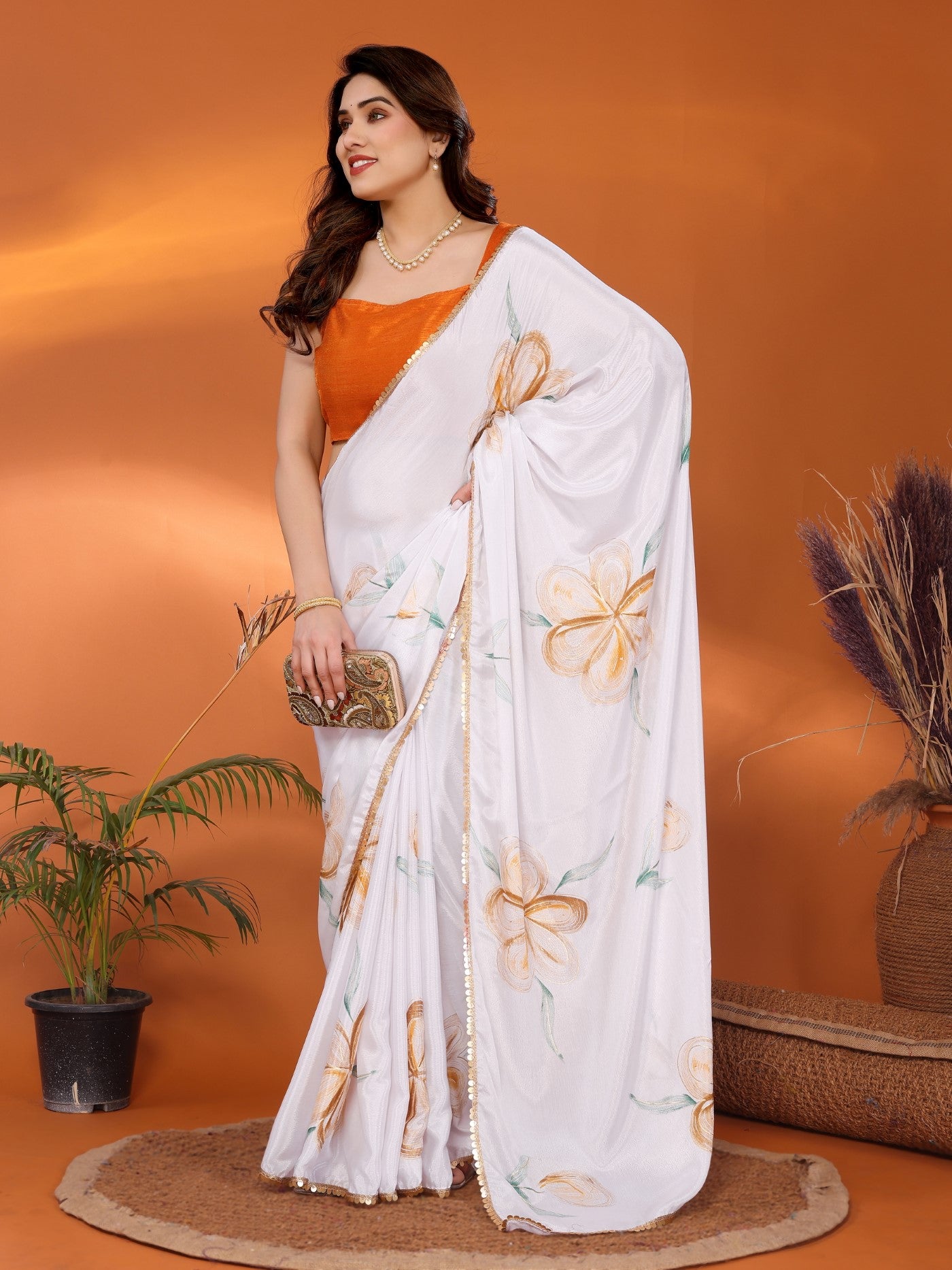 White Chinon Chiffon Saree With Printed Design And Foil Work