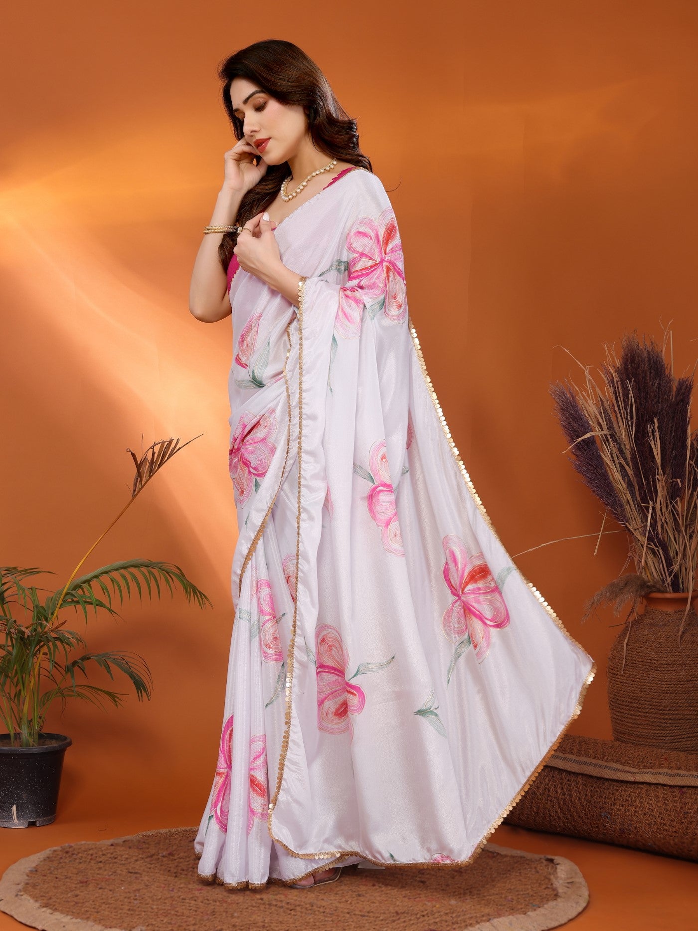 White Chinon Chiffon Saree With Printed Design And Foil Work