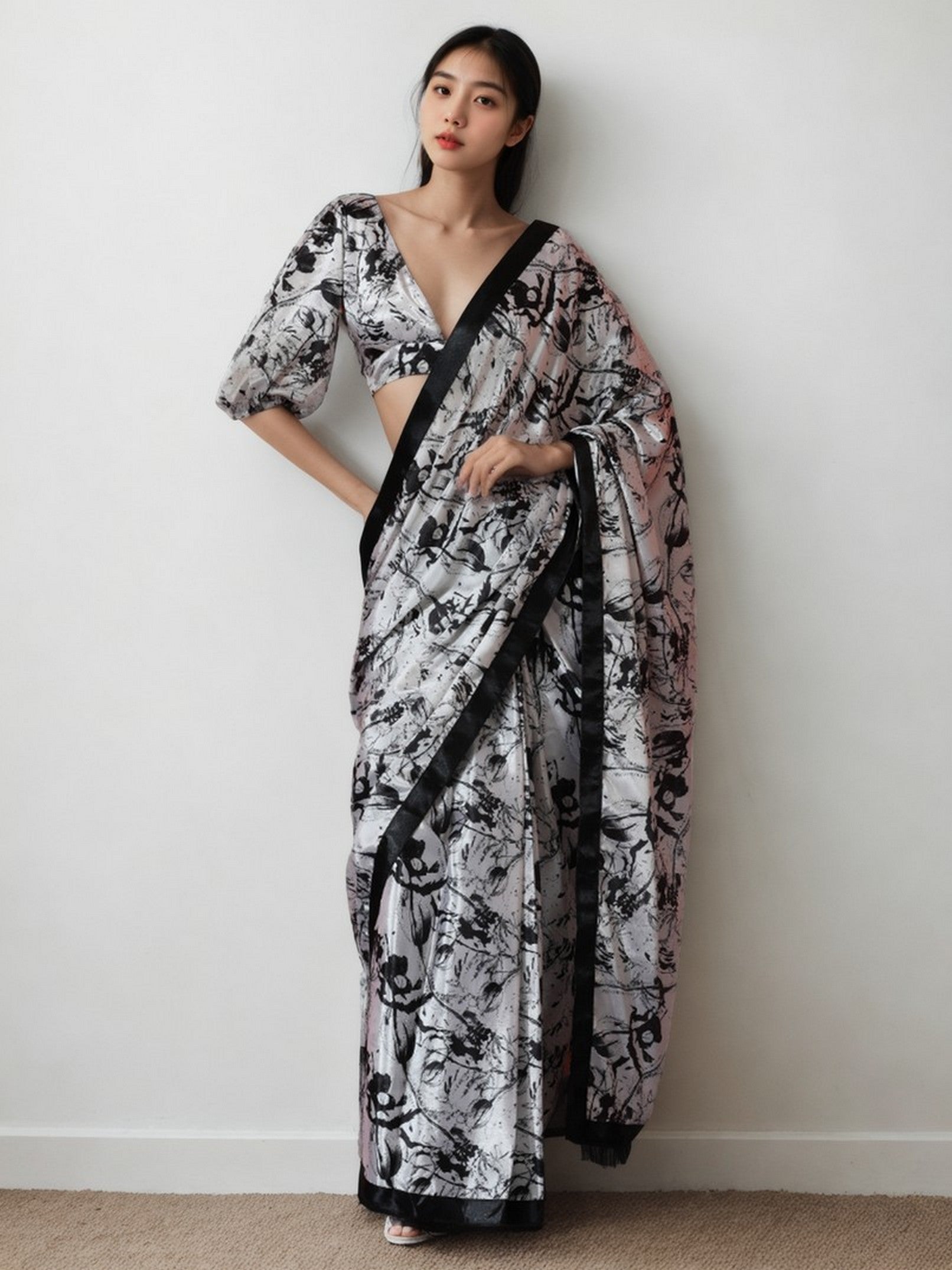 White Chinon Designer Digital Printed Ready To Wear Saree