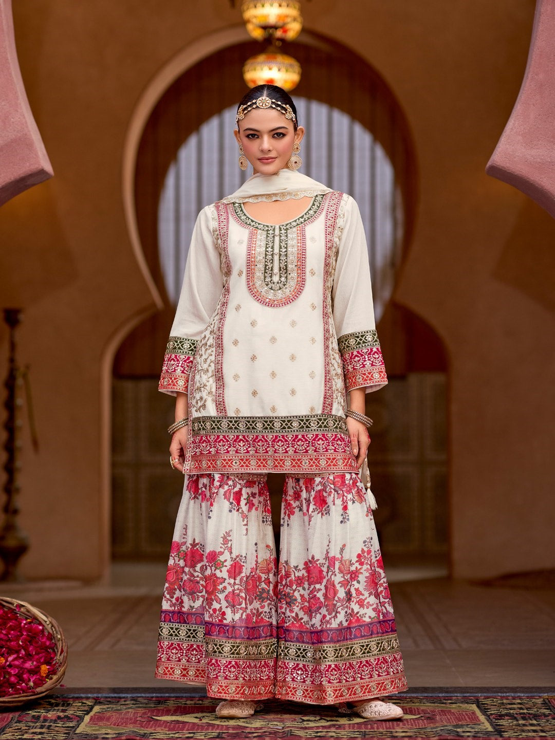 White Chinon Designer Suit Set With Elegant Embroidery