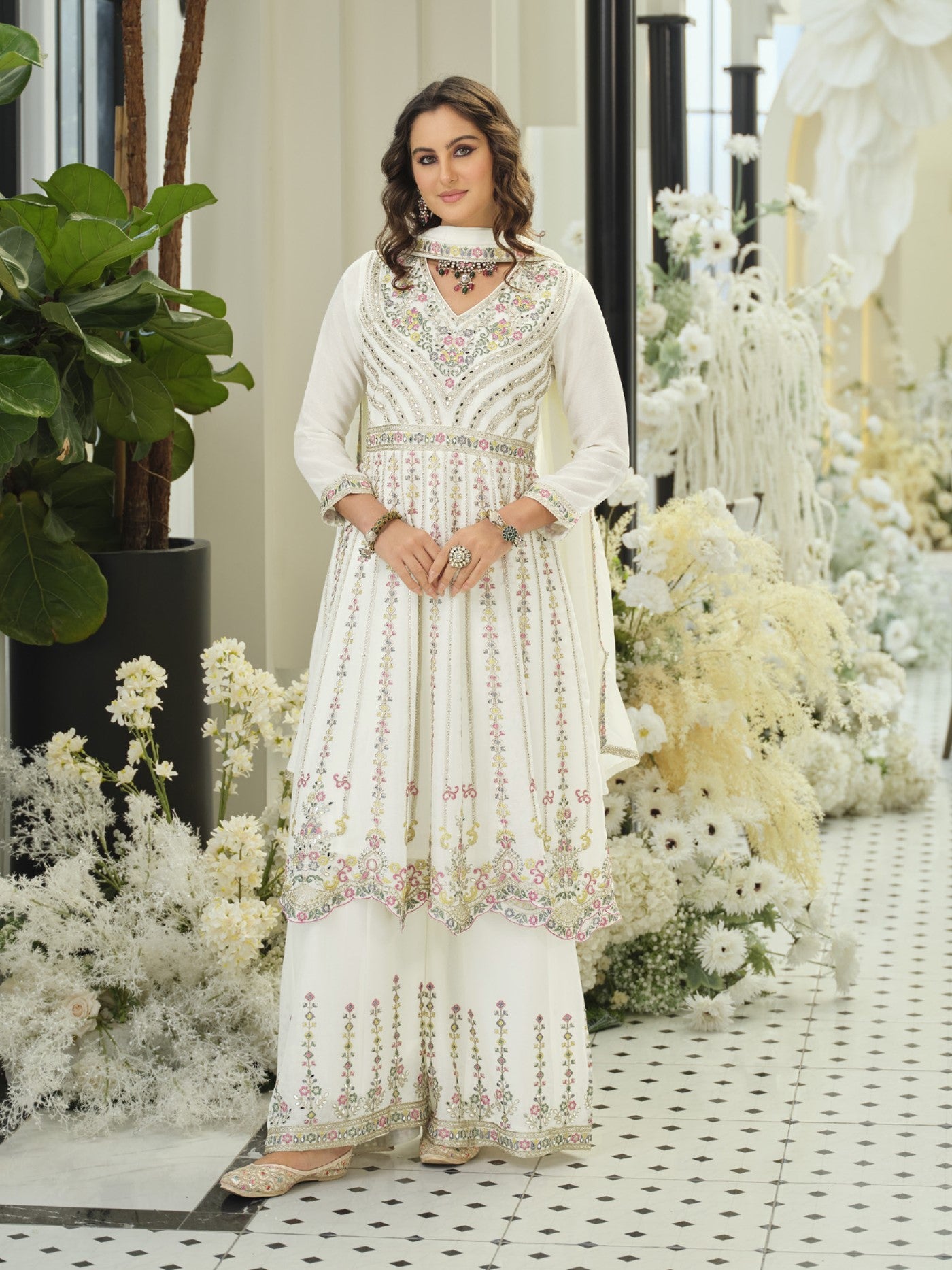 White Chinon Designer Suit Set With Elegant Embroidery