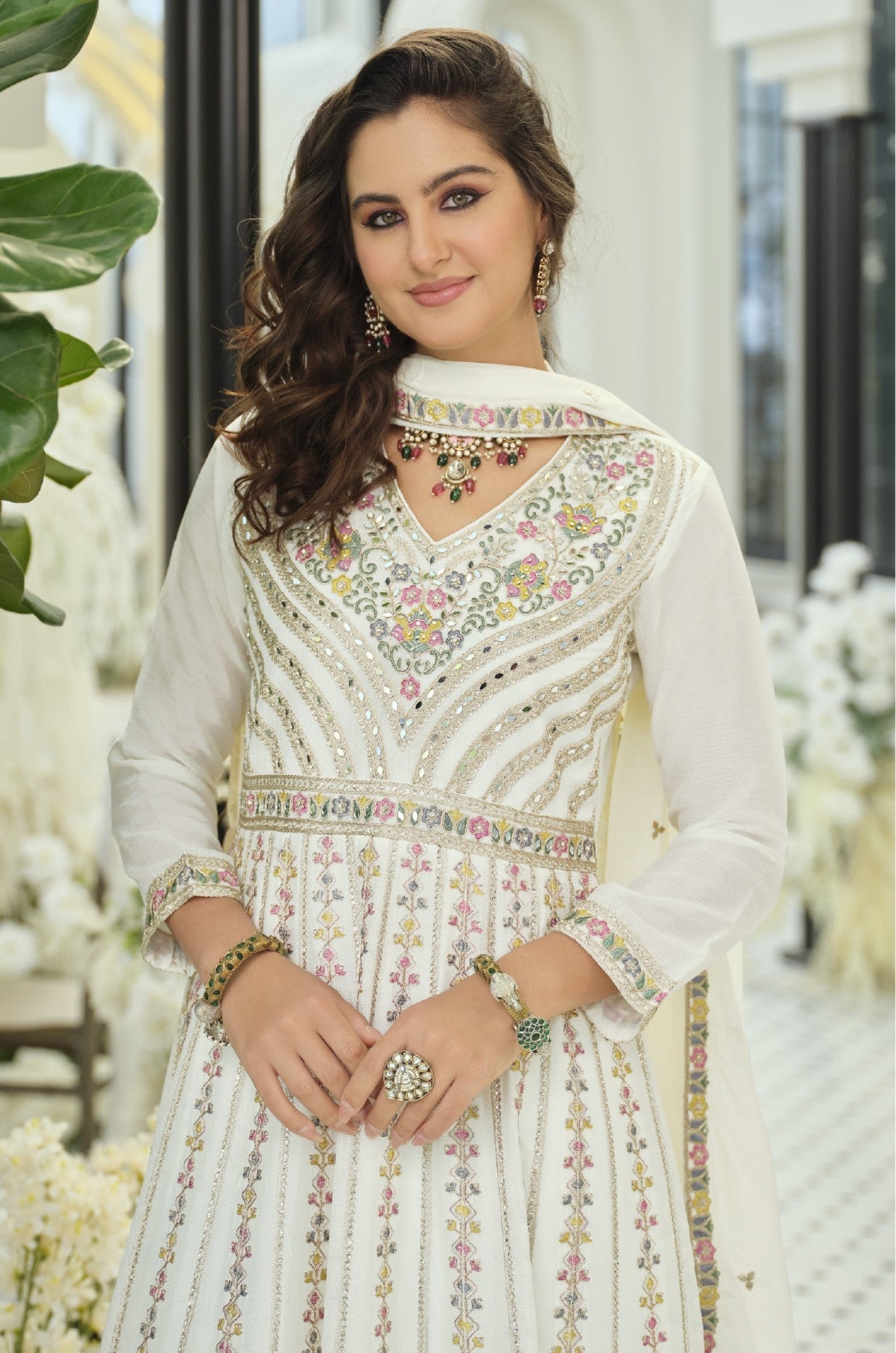 White Chinon Designer Suit Set With Elegant Embroidery