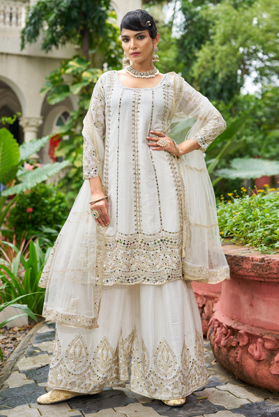 White Chinon Silk Salwar Suit With Real Mirror Work