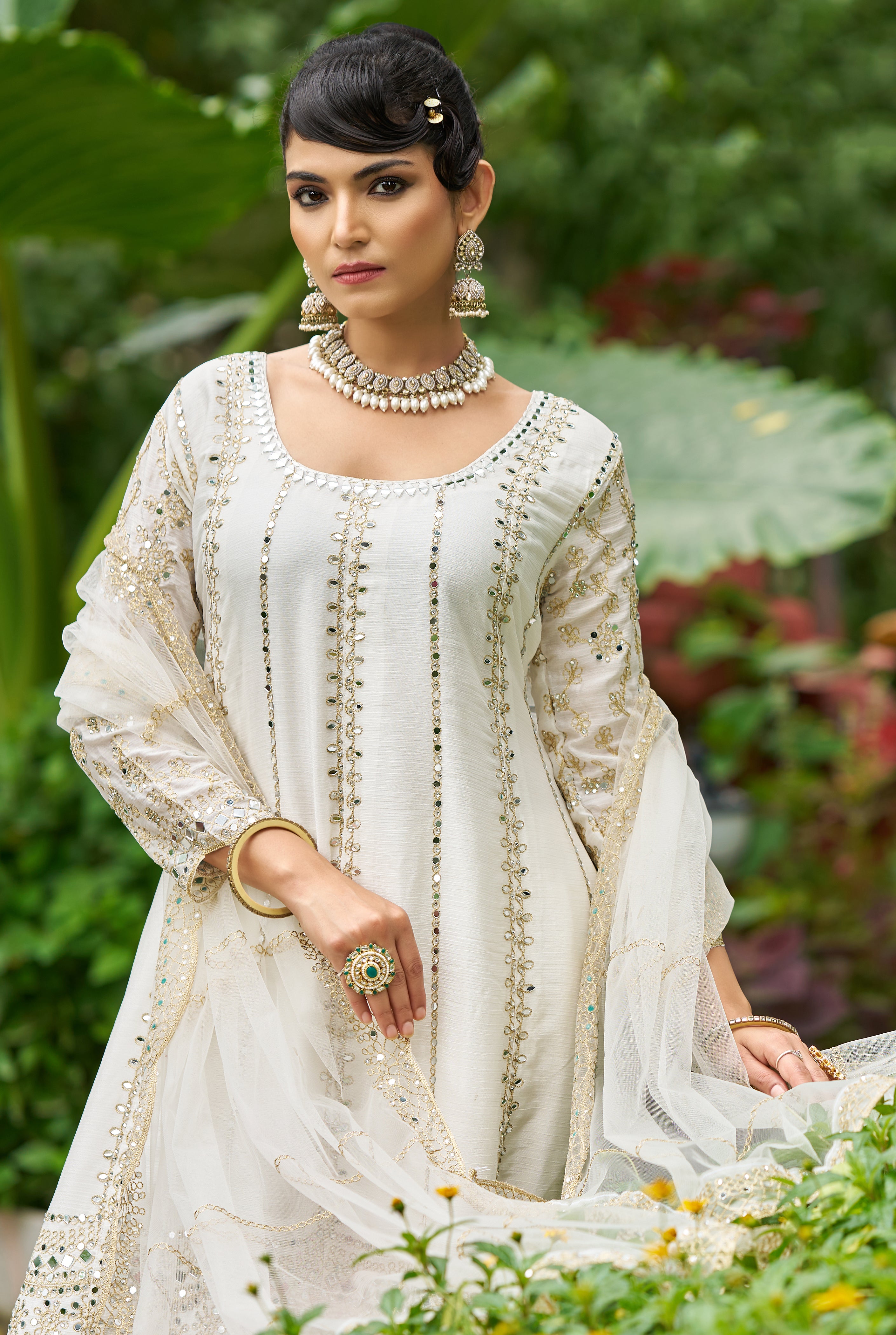 White Chinon Silk Salwar Suit With Real Mirror Work