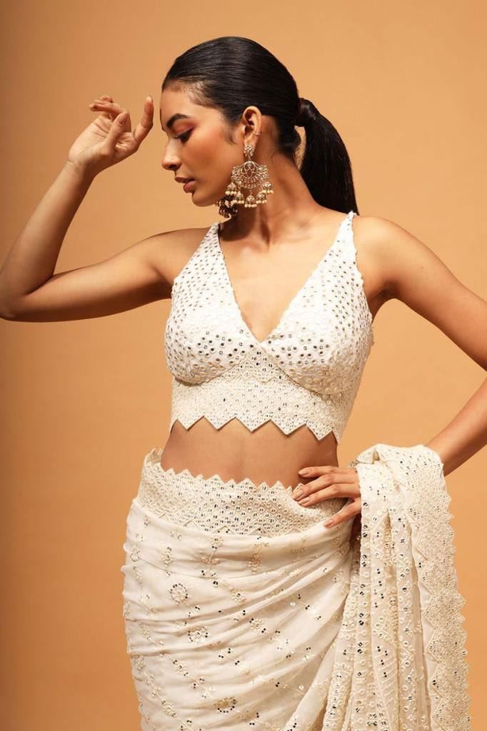 White Colour Georgette Embroidery Work Saree