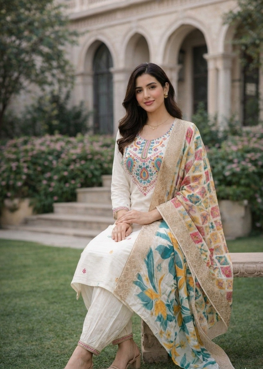 White Cotton Silk Designer Suit Set With Sequin Embroidery