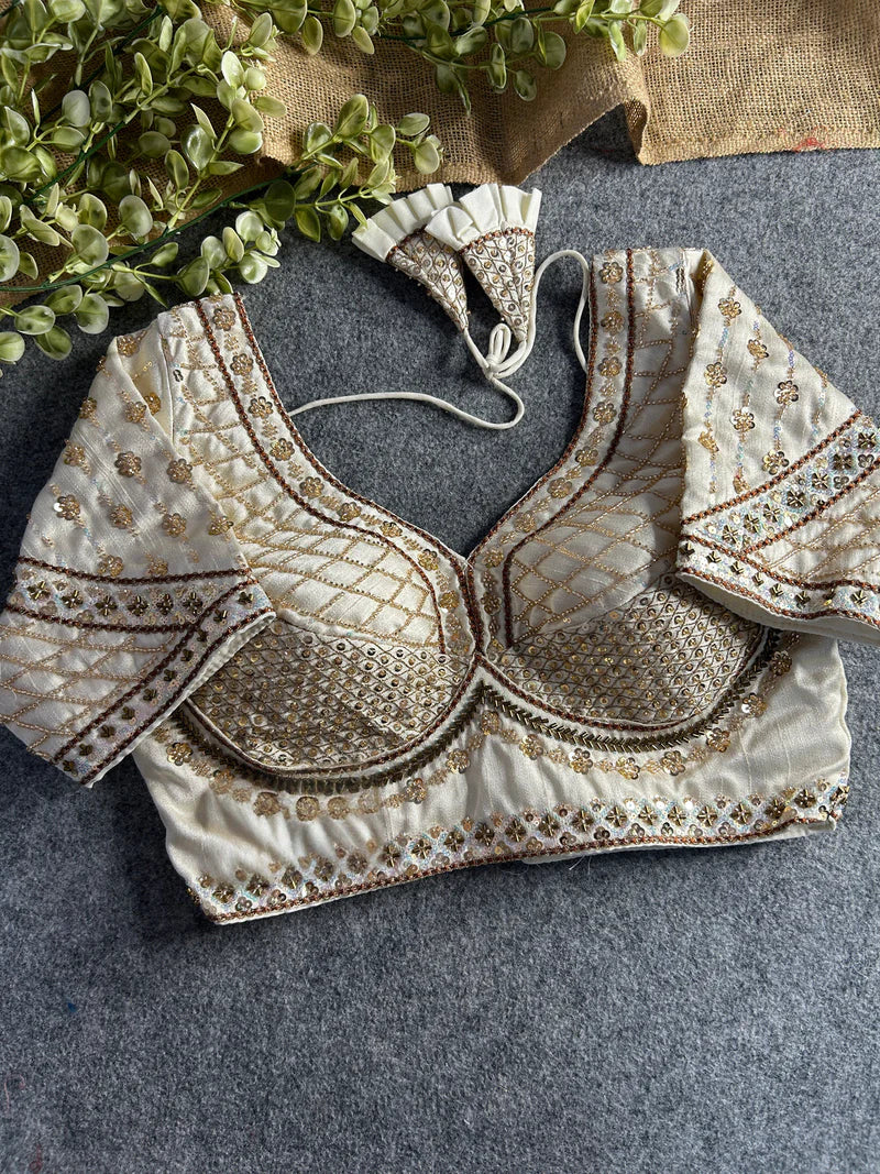 White Designer Bridal Blouse with Heavy Stars, Beads & Sequins Work  Italian Silk