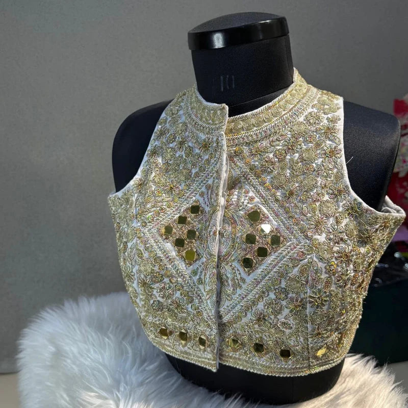 White Designer Roman Silk Halter Neck Blouse with Real Mirror Work