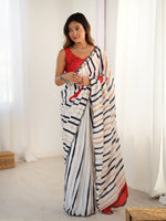White Ethnic Partywear Digital Printed Saree With Stylish Cut Border