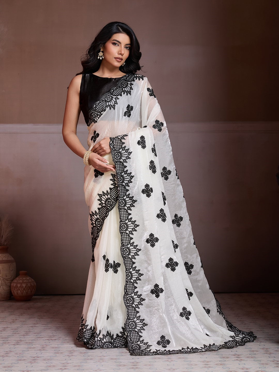 White Fendy Chiffon Saree With Embroidery Elegant Classic Saree