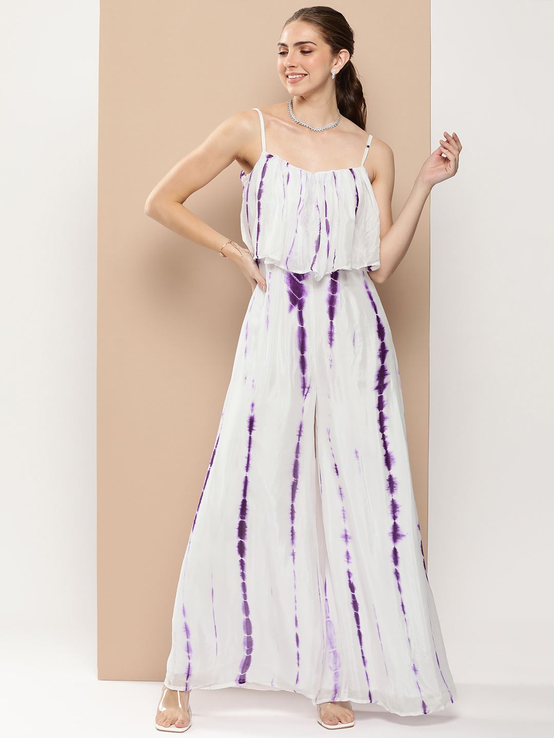 White Georgette Jumpsuits with Tie N Dye Shibori Print