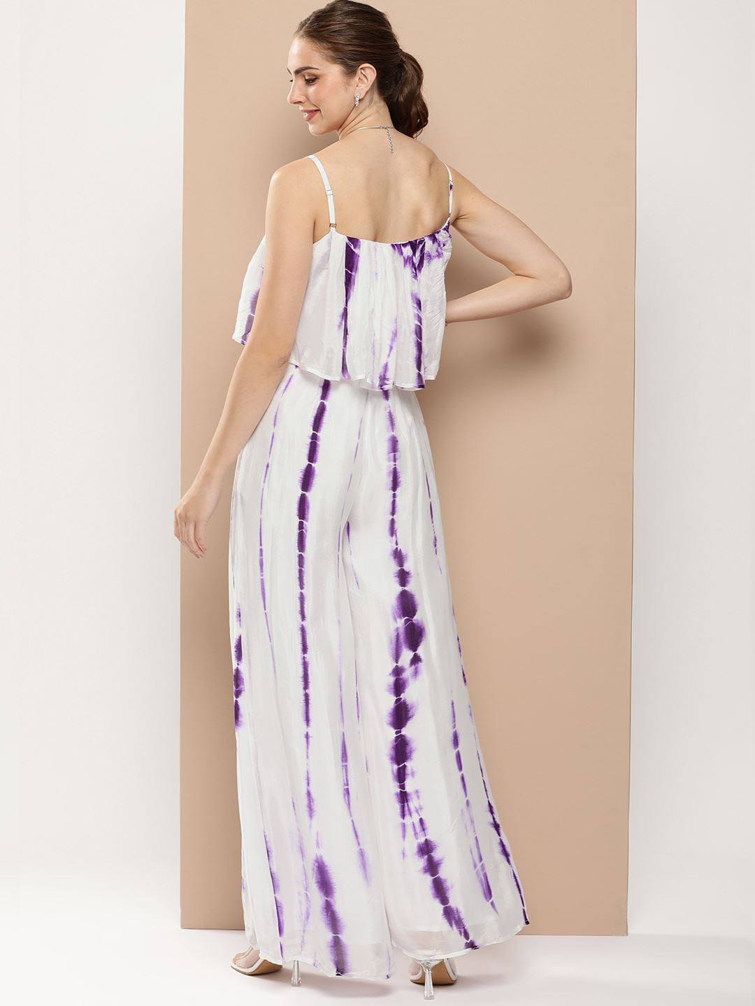 White Georgette Jumpsuits with Tie N Dye Shibori Print