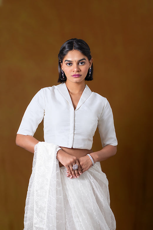White Half-Sleeved Blouse with Long Collar Neckline and Front Hook Closure With A Straight Hemline