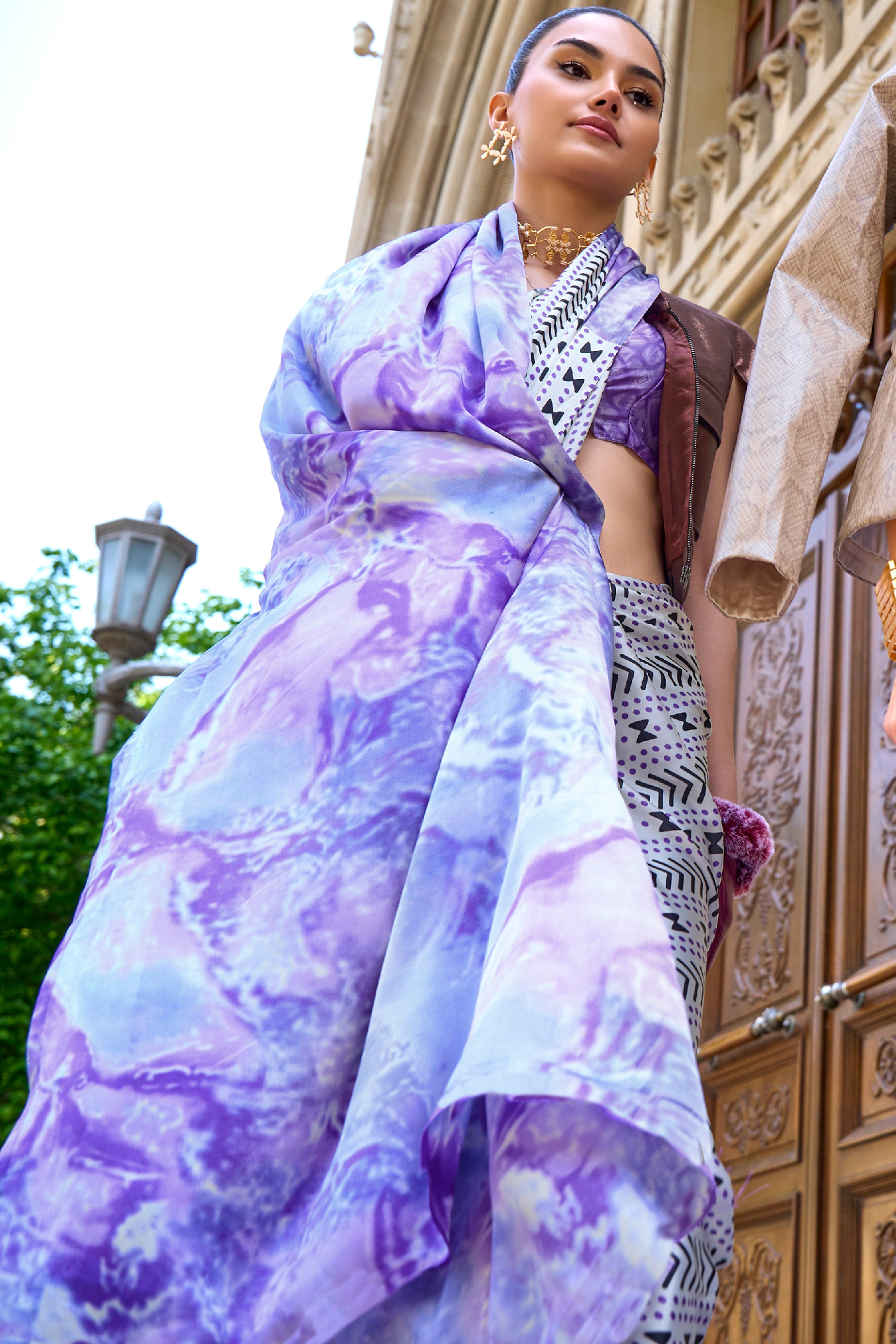 White Japan Satin Crape Saree with  Printed Work