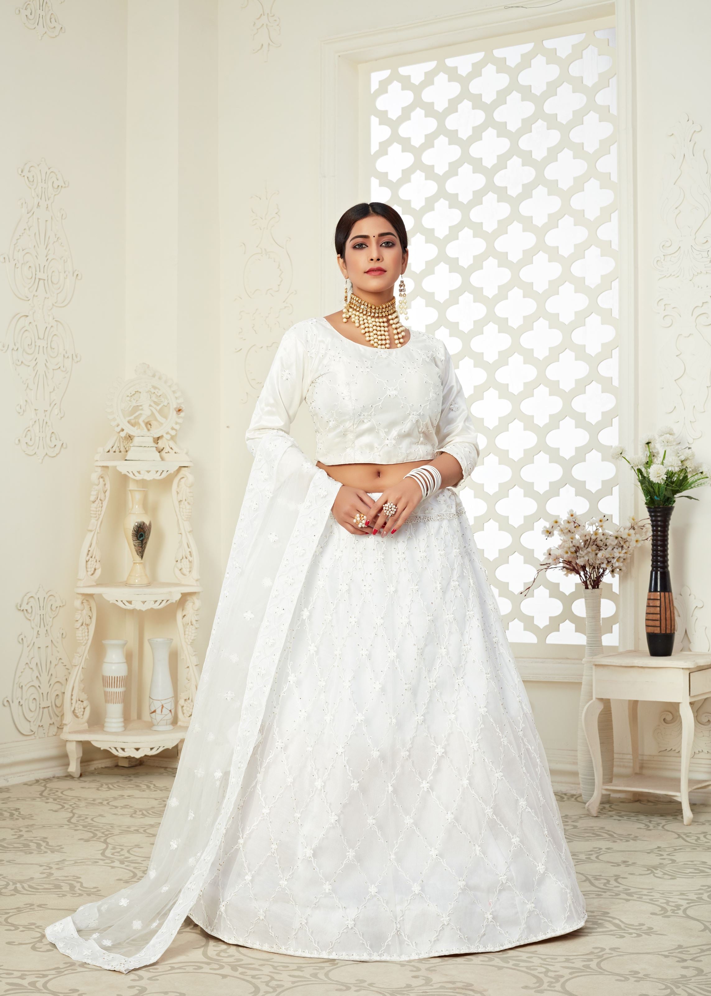 White Lehenga Choli With Butterfly Net And Full Embroidery Work