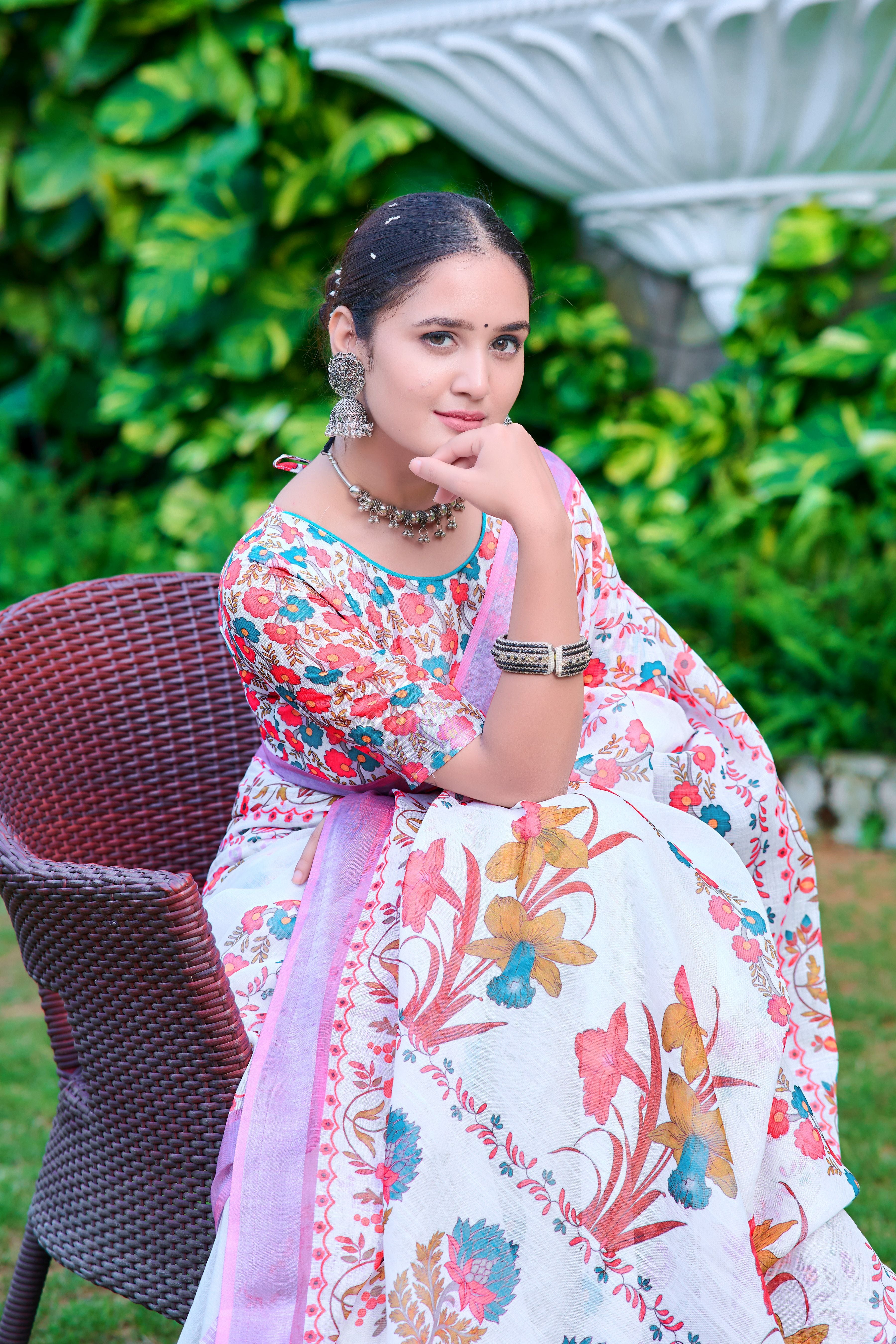 White Linen Cotton Designer Printed Ethnic Festive Saree
