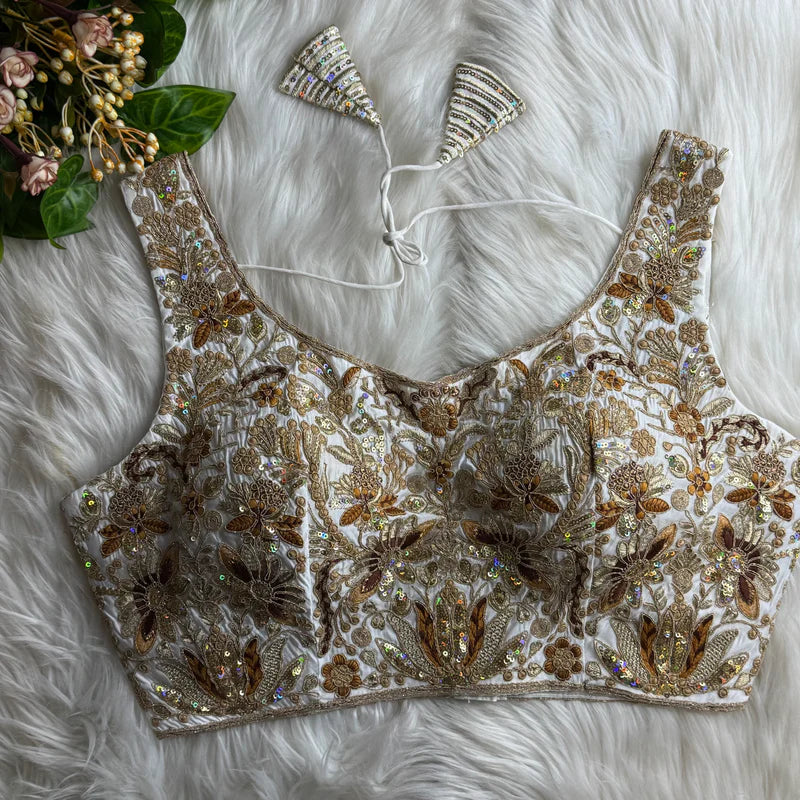 White Luxury Roman Silk Bridal Blouse with Heavy Stars & Rainbow Work