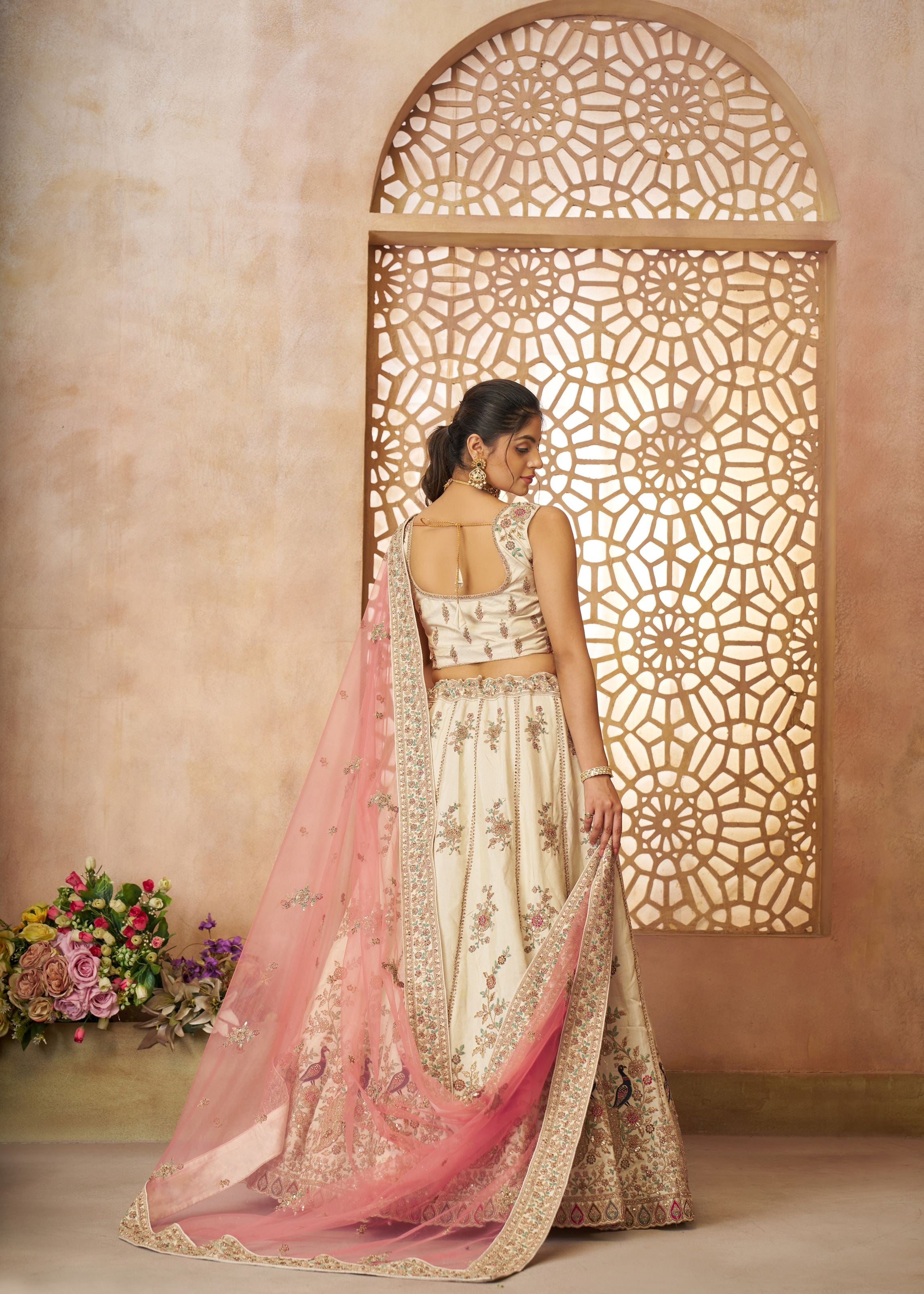 White Modern Zari Silk Fabric With Sequins and Thread Embroidery Work