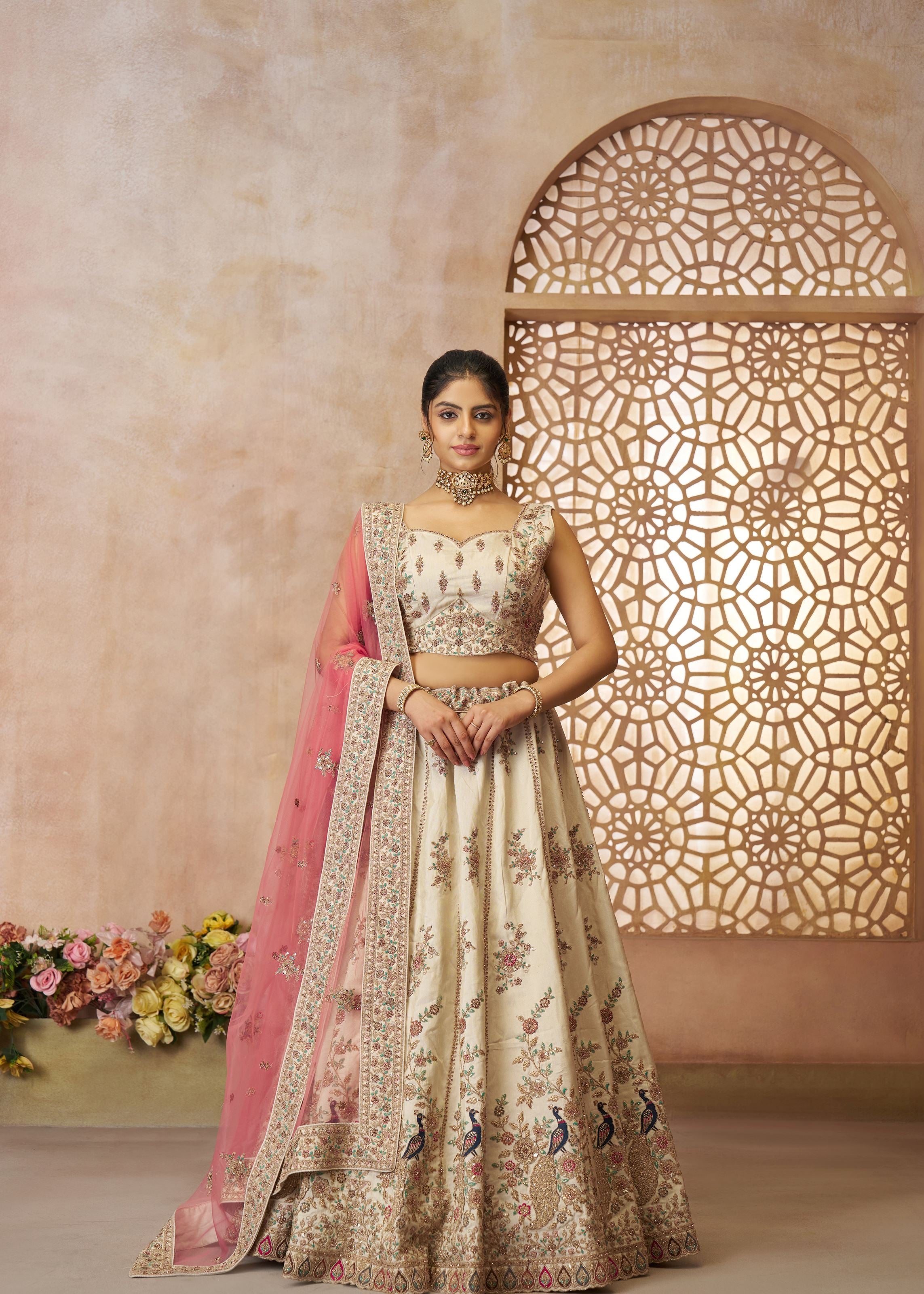 White Modern Zari Silk Fabric With Sequins and Thread Embroidery Work