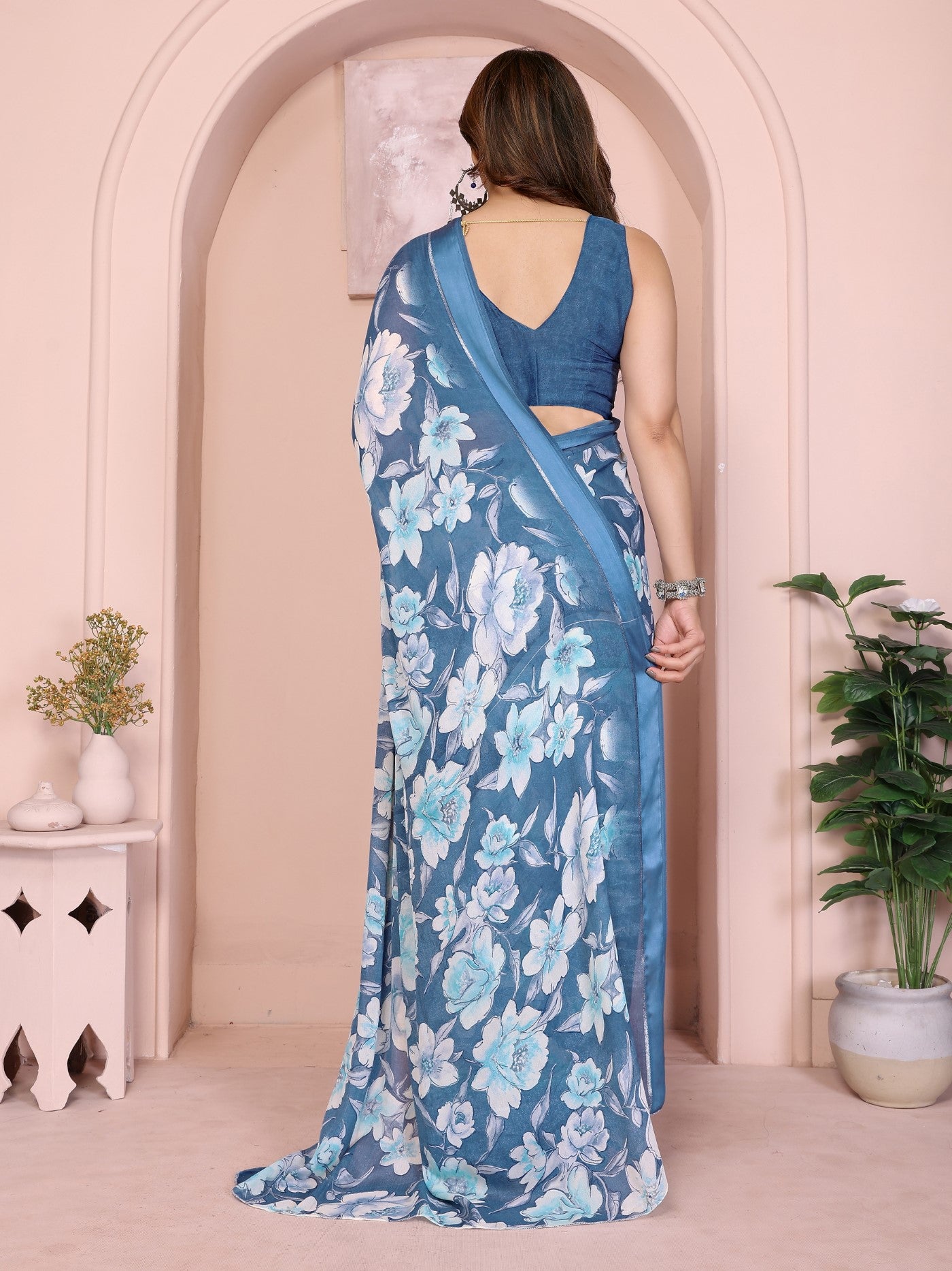 White Multi Georgette Saree With Digital Print And Mirror Work