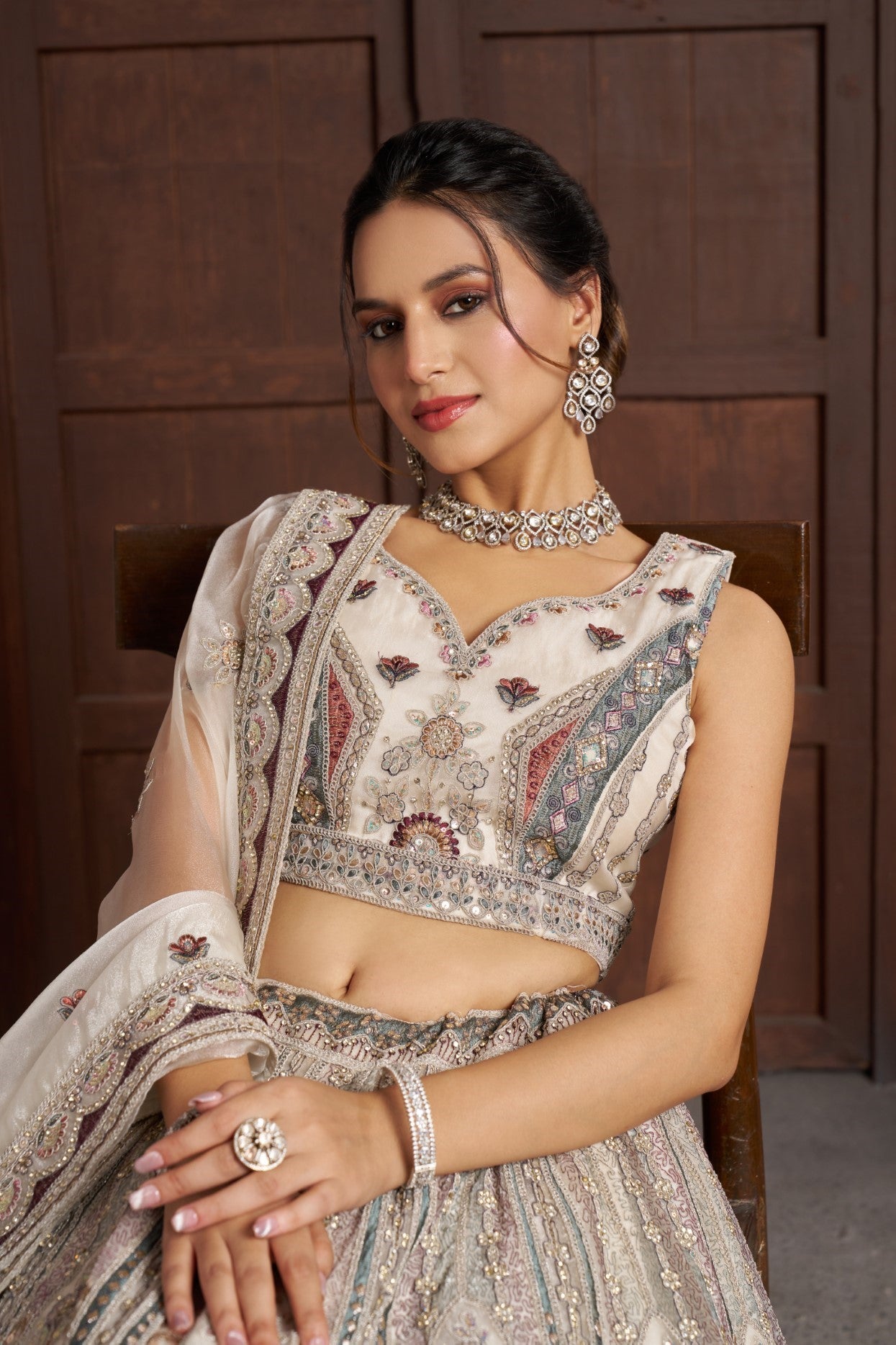 White Net Floral Embroidered Luxury Bridal Lehenga Choli