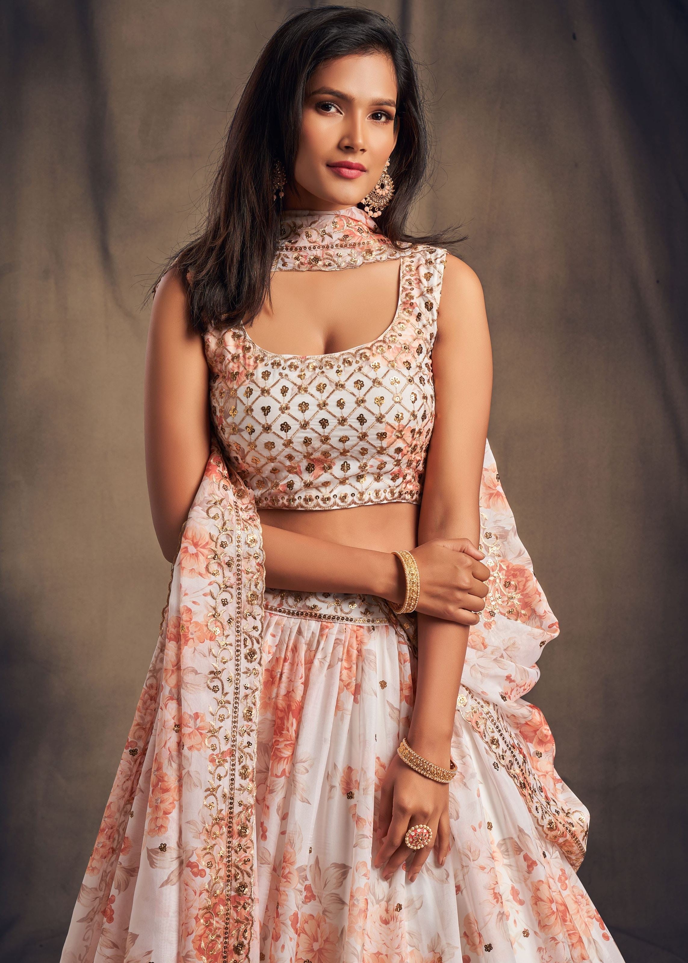 White Organza Lehenga Choli With Sequins Zari Embroidery Work