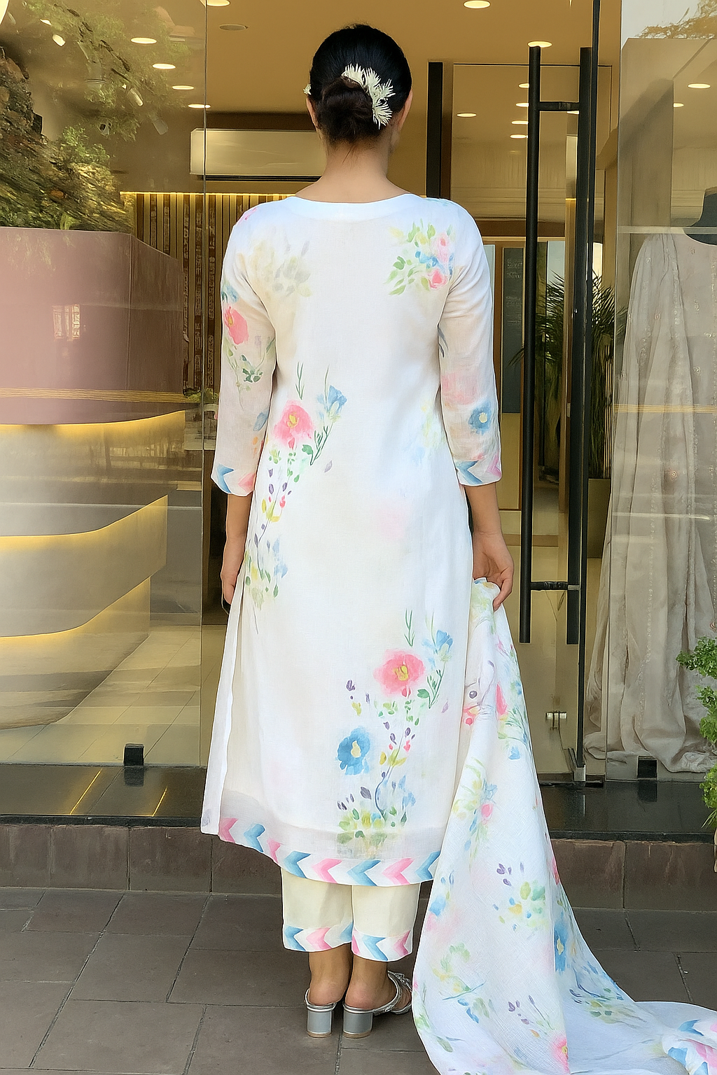 White Pure Linen Kurta Pant Set  Printed