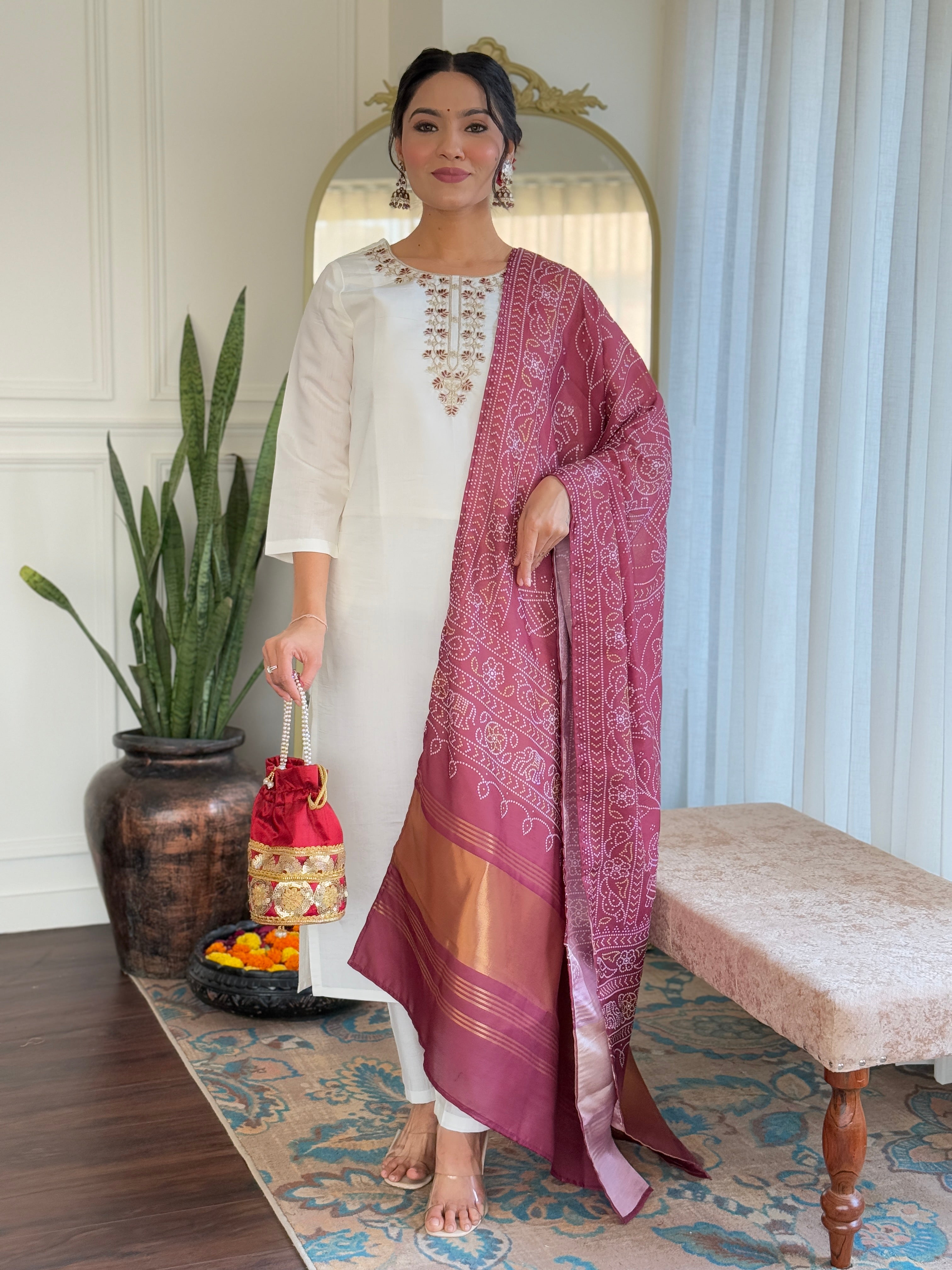 White Roman Silk Elegant Kurta Pant Set With Embroidery Work