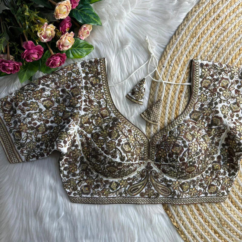 White Sabyasachi Inspired Heavy Copper Work Bridal Blouse in Roman Silk with Embroidery & Sequins