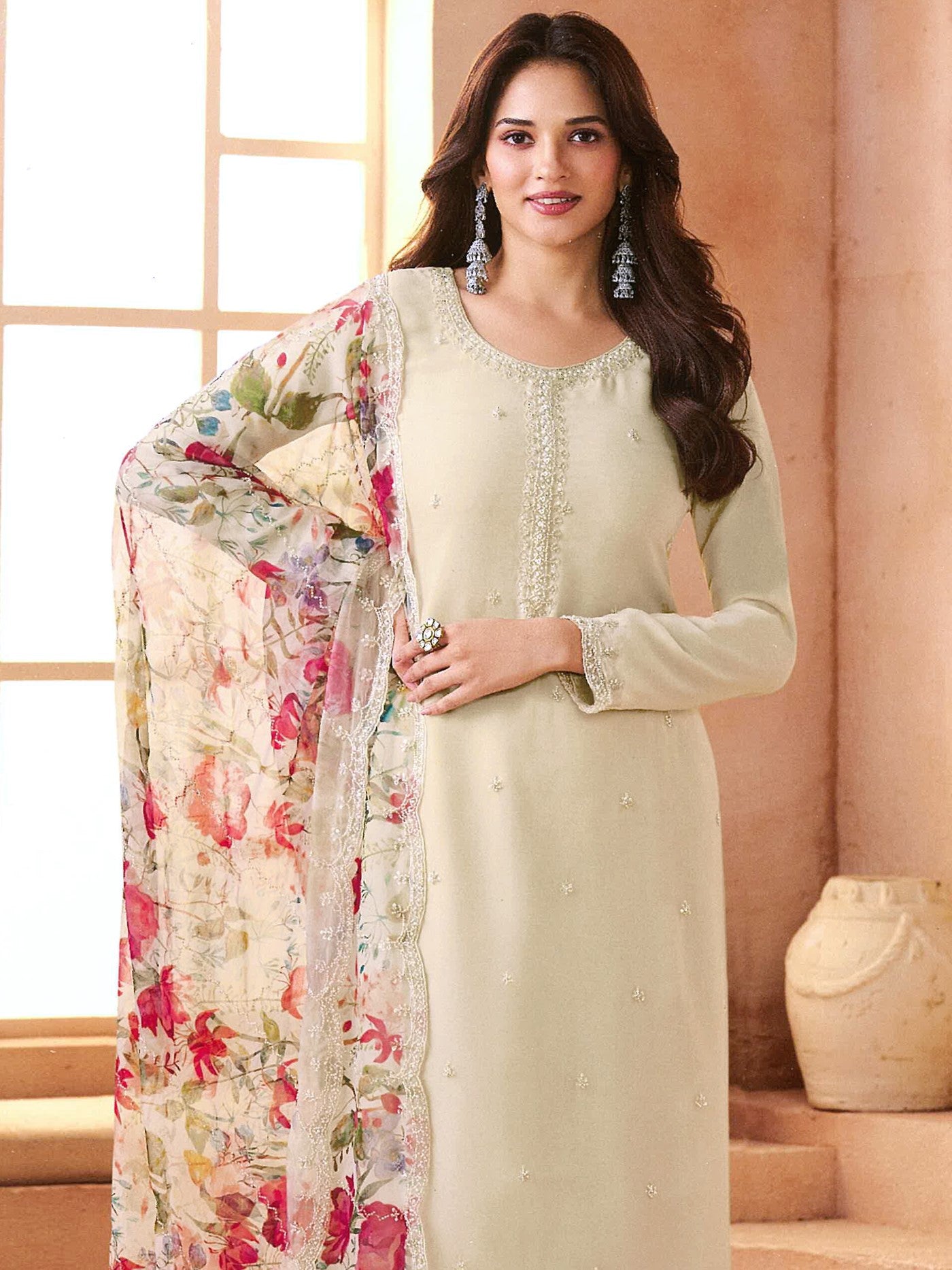 White Siffon Designer Suit Set With Elegant Embroidery