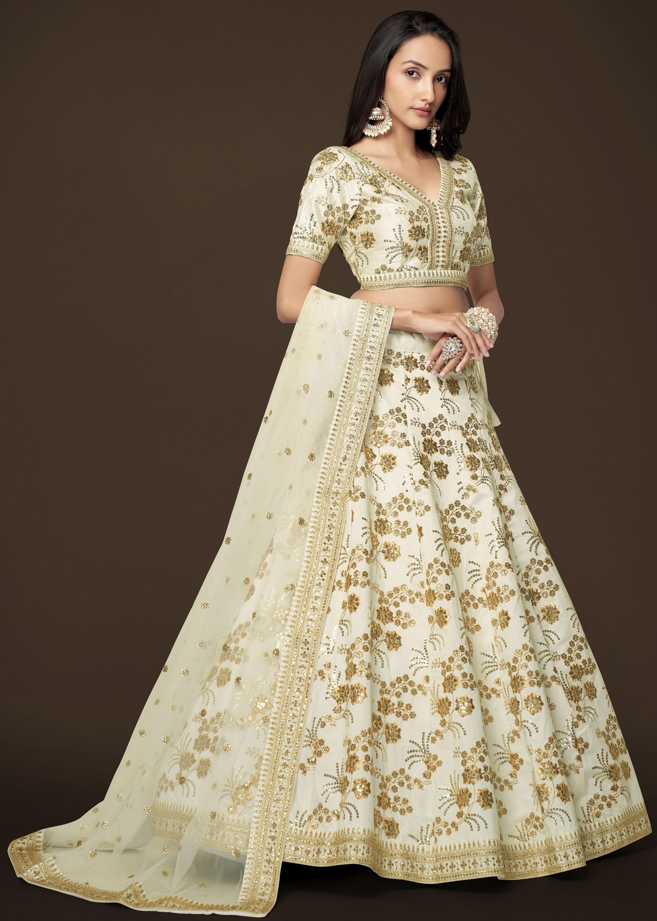 White Slub Silk Lehenga Choli With Zari Sequins and Dori Embroidery Work