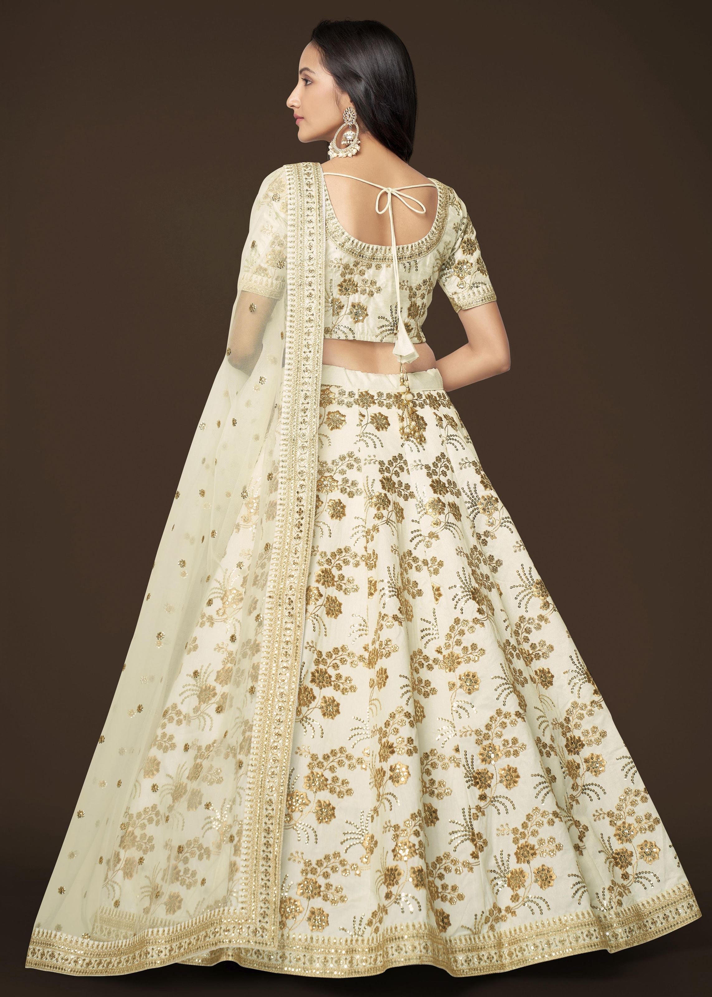 White Slub Silk Lehenga Choli With Zari Sequins and Dori Embroidery Work