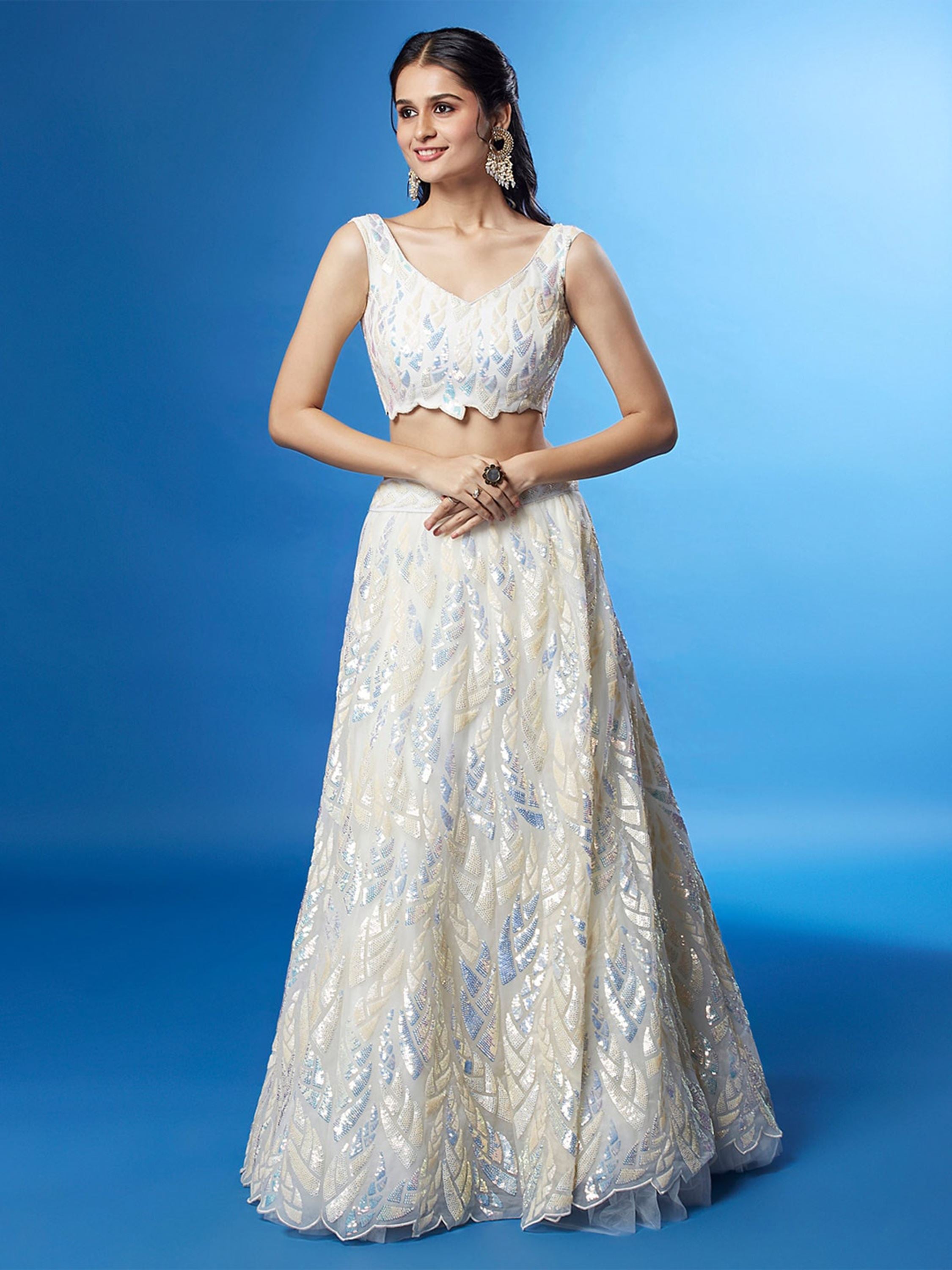 White Soft Net Lehenga Choli With Multiple Sequins, Thread Embroidery Work
