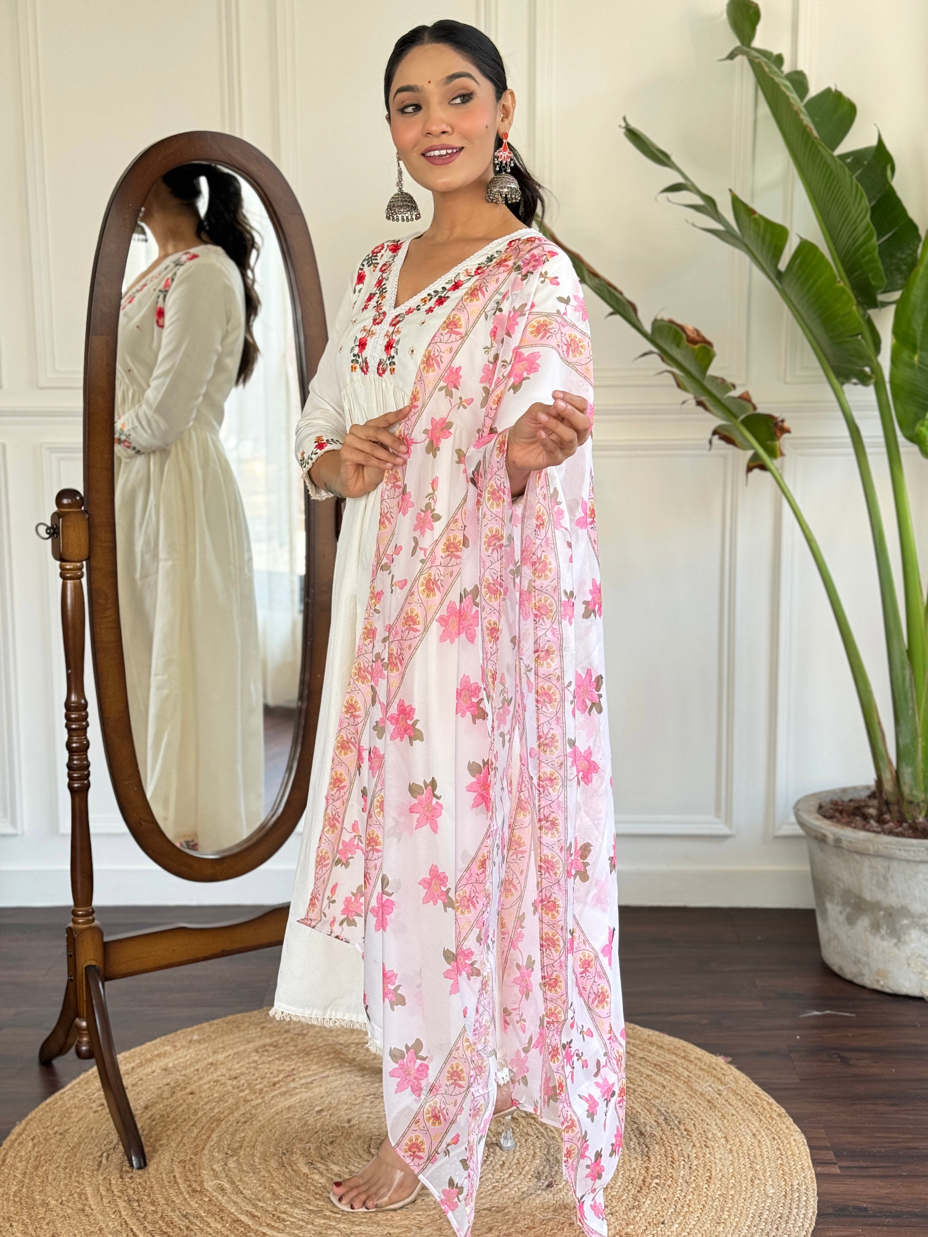 White Viscose Rayon Elegant Kurta Pant Set With Embroidery Work