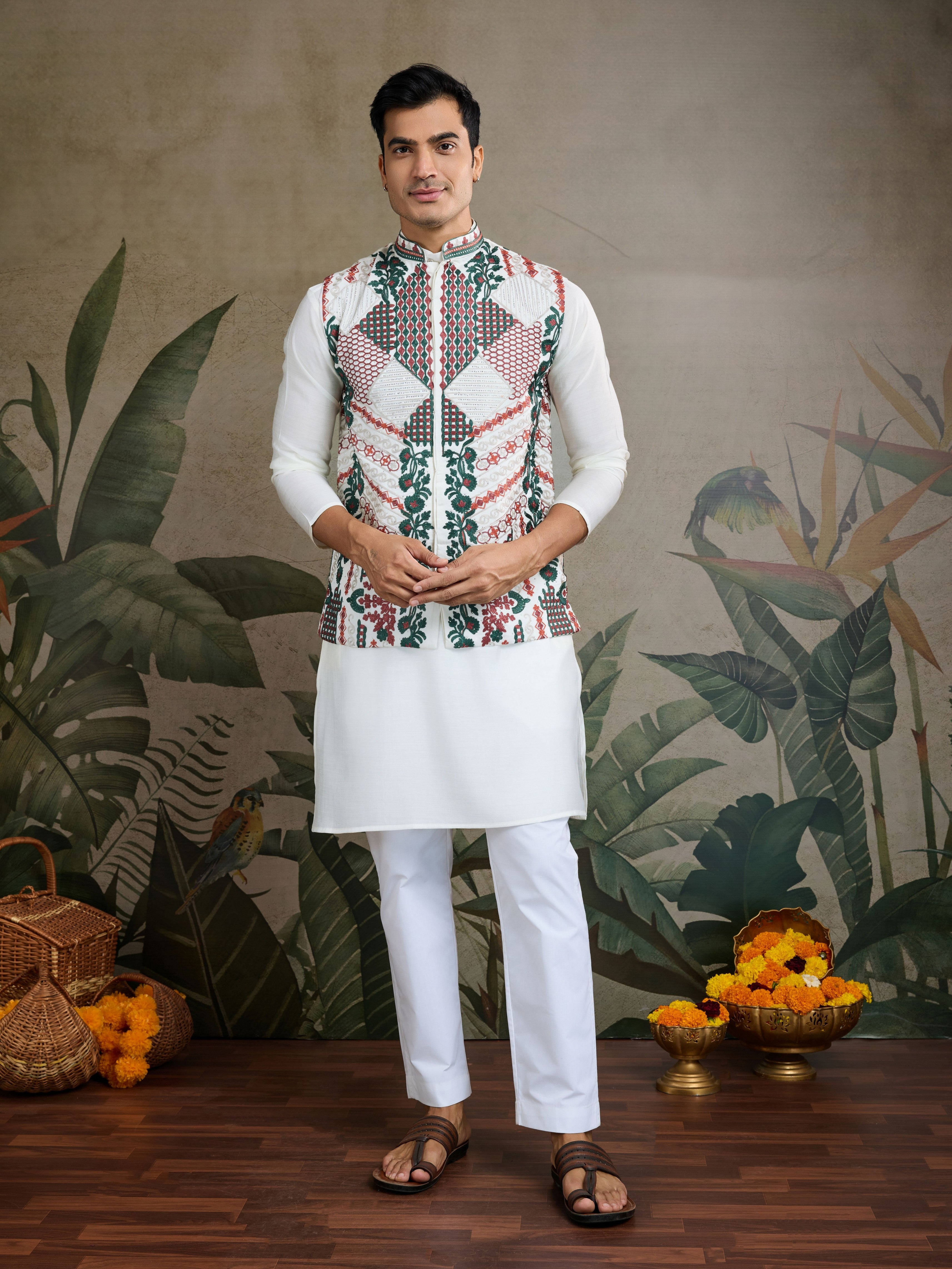 White Viscose Silk Kurta with Swarovski Embroidery  &Jacket